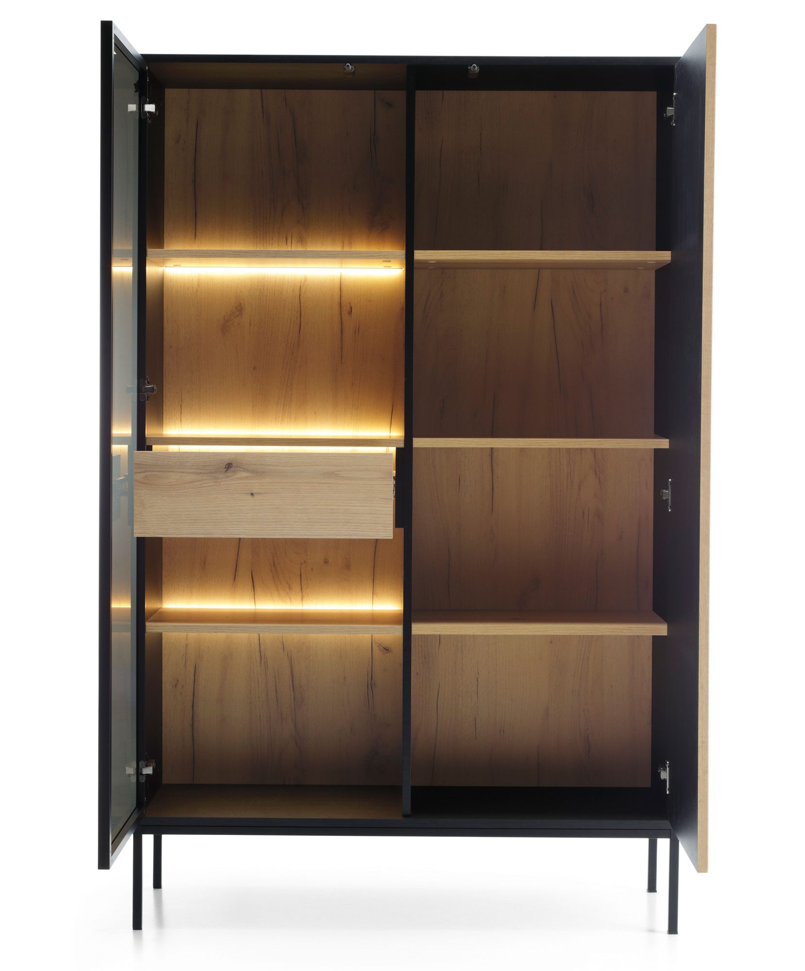 Feldmann-Wohnen Vitrine Sento (1 Glastür, 1 Holztür, 1 Schublade, 8 Fächer, 1-St., moderne Optik, geriffelte Fronten, Metallfüße, LED-Beleuchtung) 104x39x166cm schwarz / Wotan Eiche MDF