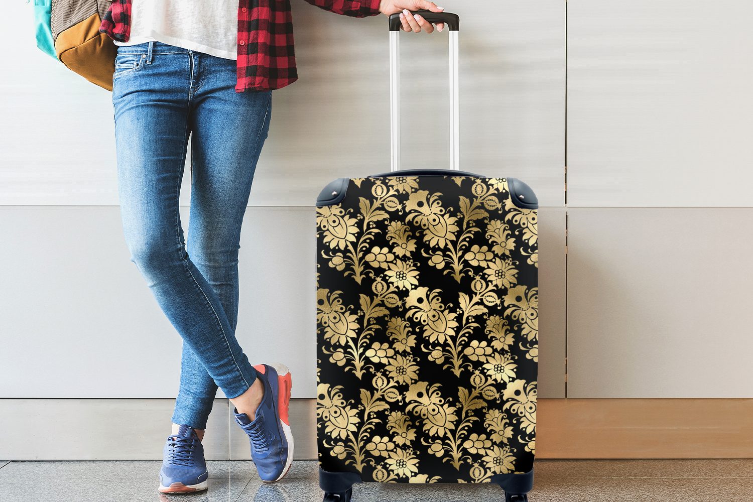 Blumen - Trolley, Gold, Handgepäckkoffer MuchoWow 4 Reisetasche Handgepäck - mit Ferien, für Muster rollen, Reisekoffer Rollen,
