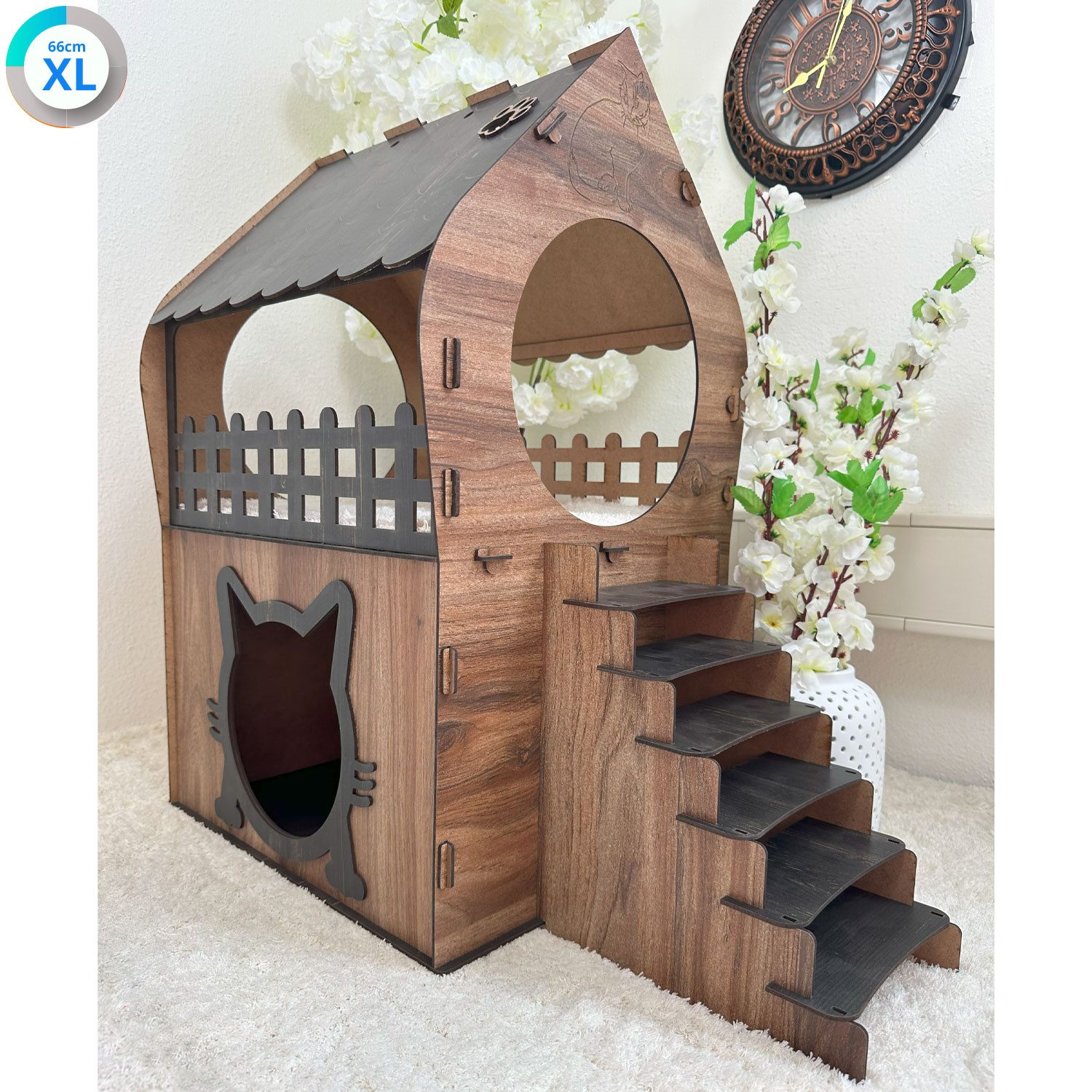 Jungengel Tierhaus Zweistöckiges Katzenhaus aus MDF – Braun & Dunkelbraun, Holzoptik, Balkon, Werkzeugloser Aufbau, Katzenöffnung, 2 Etagen