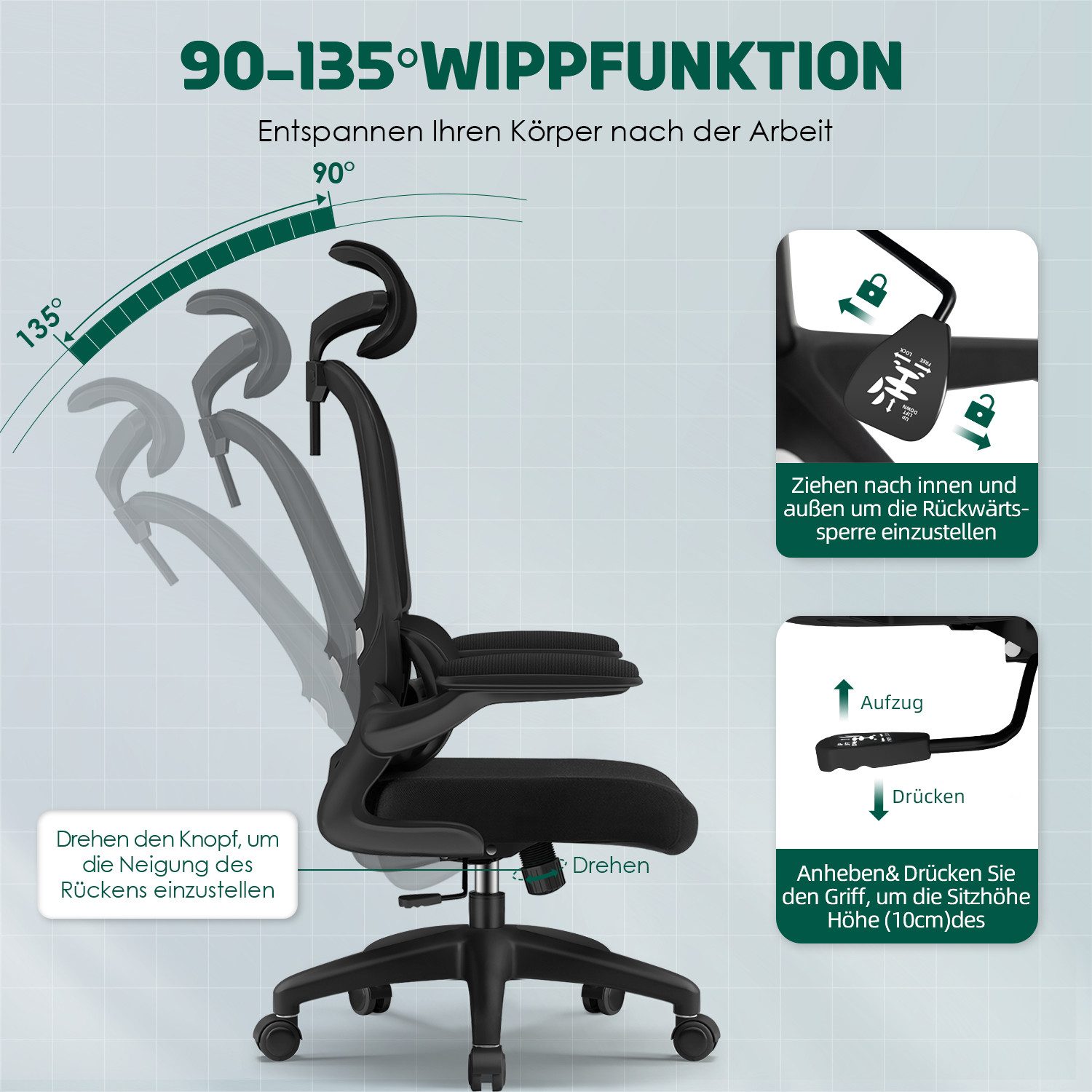 Fukstern Bürostuhl Ergonomischer Bürostuhl mit 90° klappbaren Armlehnen (Verstellbare Kopfstütze, atmungsaktiver Mesh-Bezug, Rücken- und Taillenstütze, Neigung fixierbar bei 90° (maximal kippbar bis 135), bis 150 kg belastbar