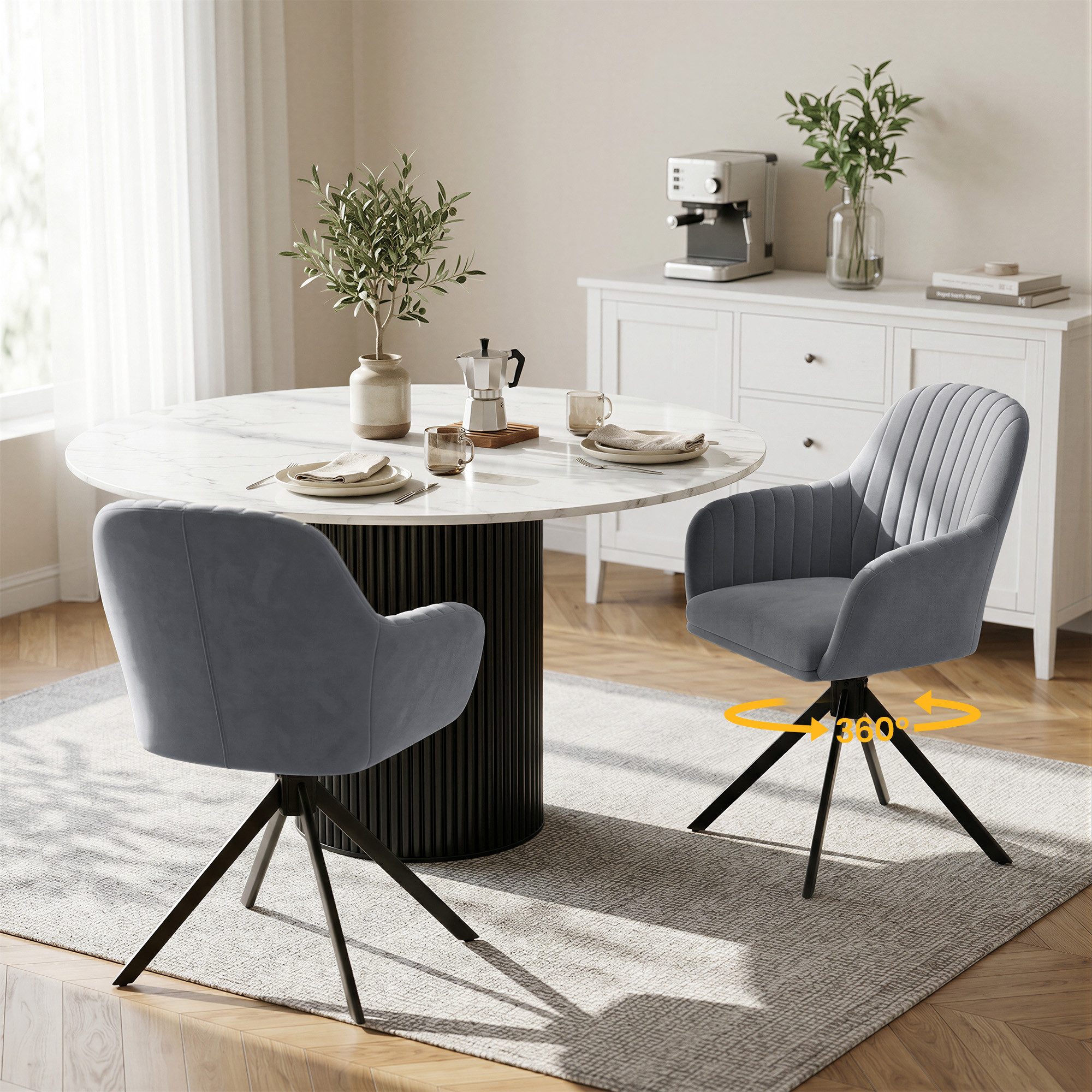 HawthyHome Esszimmerstuhl 2er Set mit Armlehne & Metallbeinen, Samt Polsterstuhl, 360° Drehbar (2 St), 360° Drehbar, Höheneinstellbar