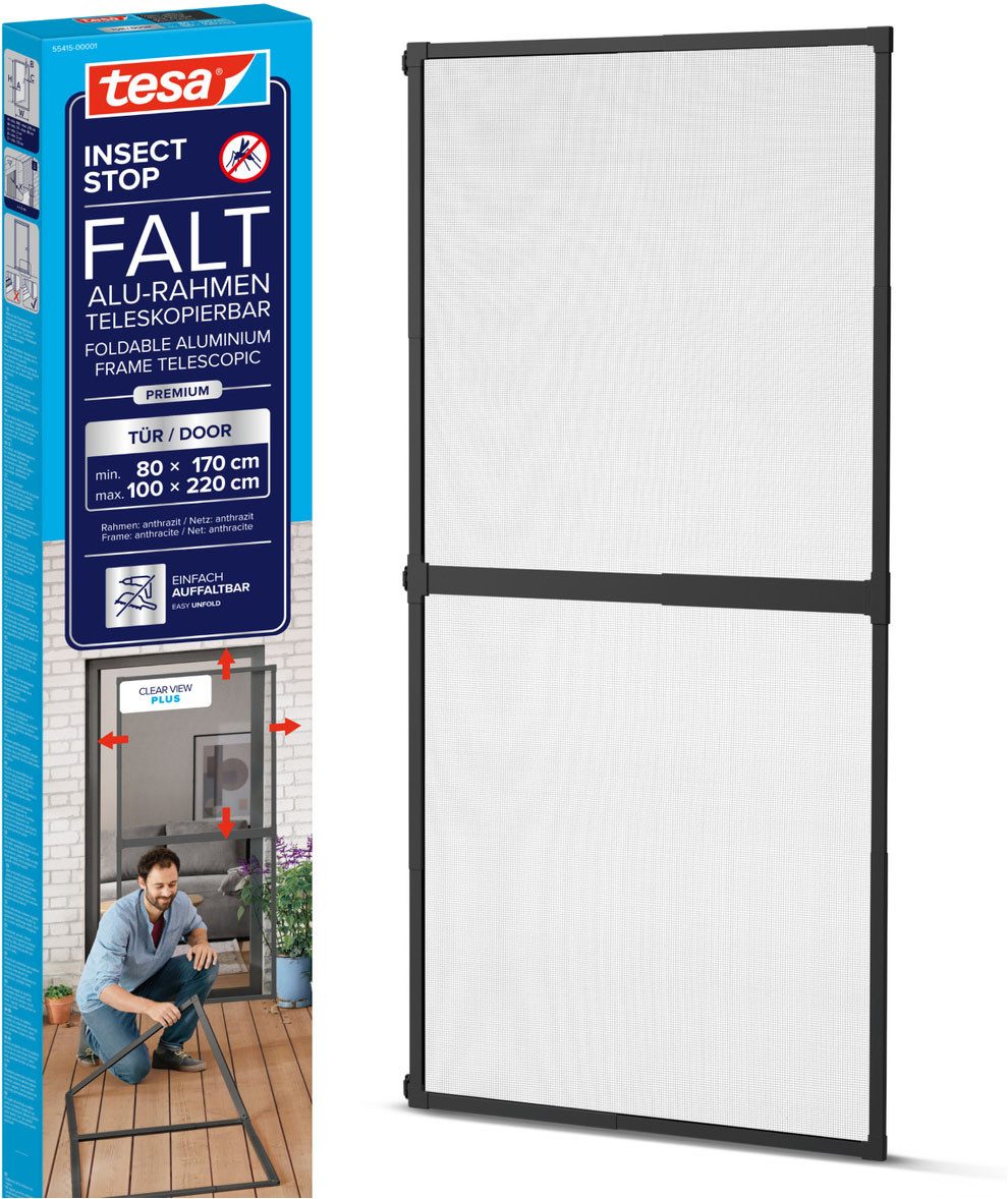 tesa Insektenschutz-Tür FALT Alu Rahmen teleskopierbar Premium für Türen, (Packung, 1-St., Teleskop Alu Rahmen), Alu Insektenschutz 80 cm x 170 cm bis 100x cm x 220 cm