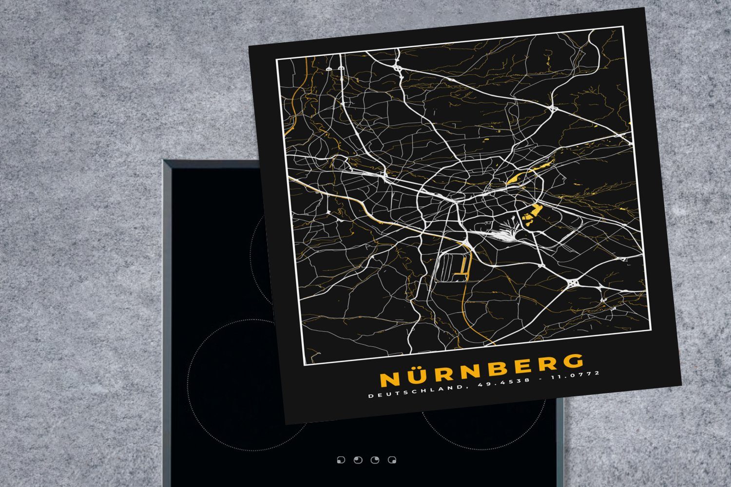 MuchoWow Herdblende-/Abdeckplatte Stadtplan - 78x78 (1 Karte für Nürnberg tlg), Deutschland, cm, Ceranfeldabdeckung, Gold - Vinyl, - küche Arbeitsplatte 