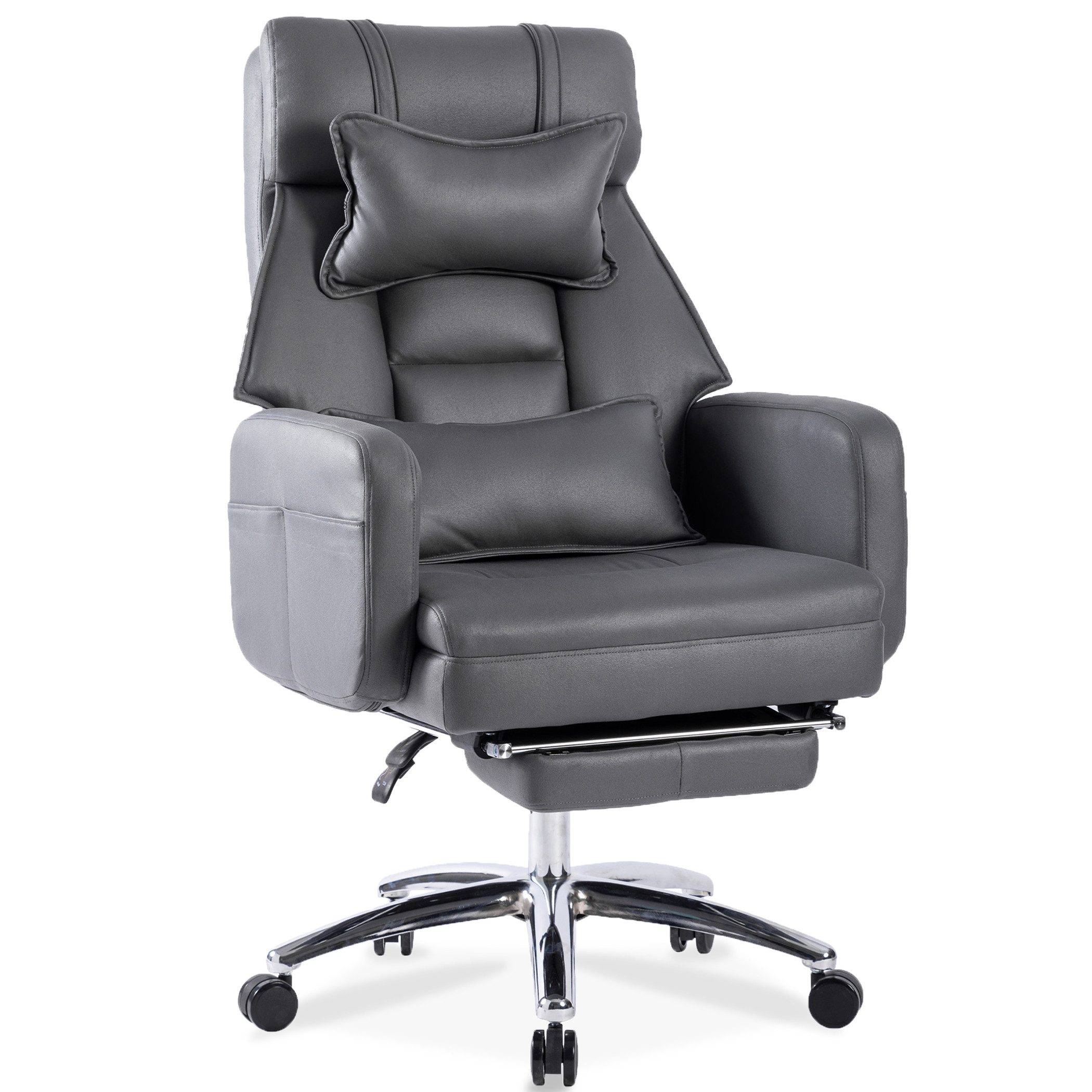 SeedWave Bürostuhl XXL Chefsessel mit Fußstütze, Kopfstütze & Lendenstütze, max. 230 kg, Rückenlehne bis 155° verstellbar, Metallfuß, S-förmige Feder