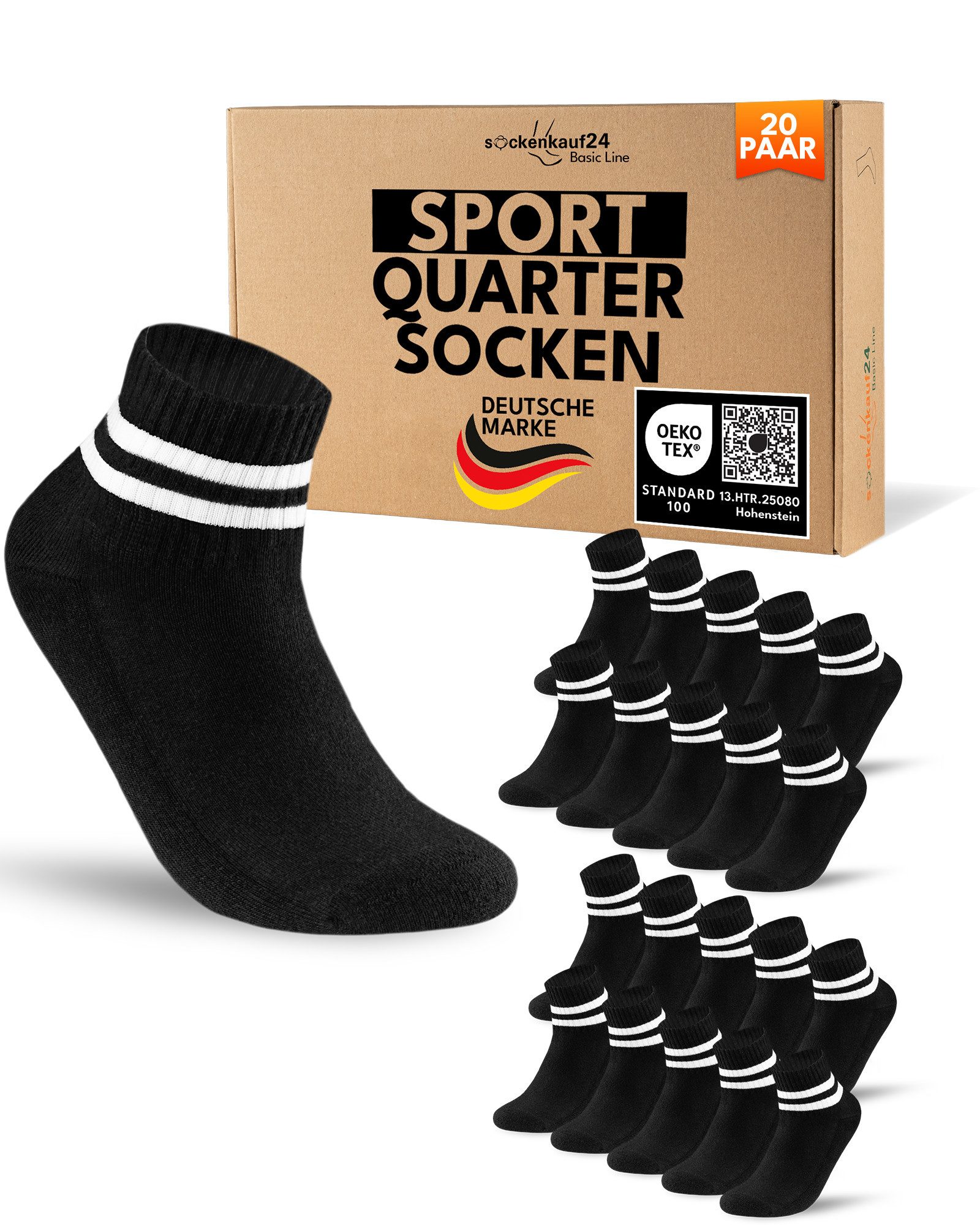 sockenkauf24 Sportsocken 10 Paar kurze Tennissocken Quarter Sportsocken Herren Damen Baumwolle (20-Paar) verstärkte Ferse & Fußspitze, gepolsterte Sohle, Atmungsaktiv