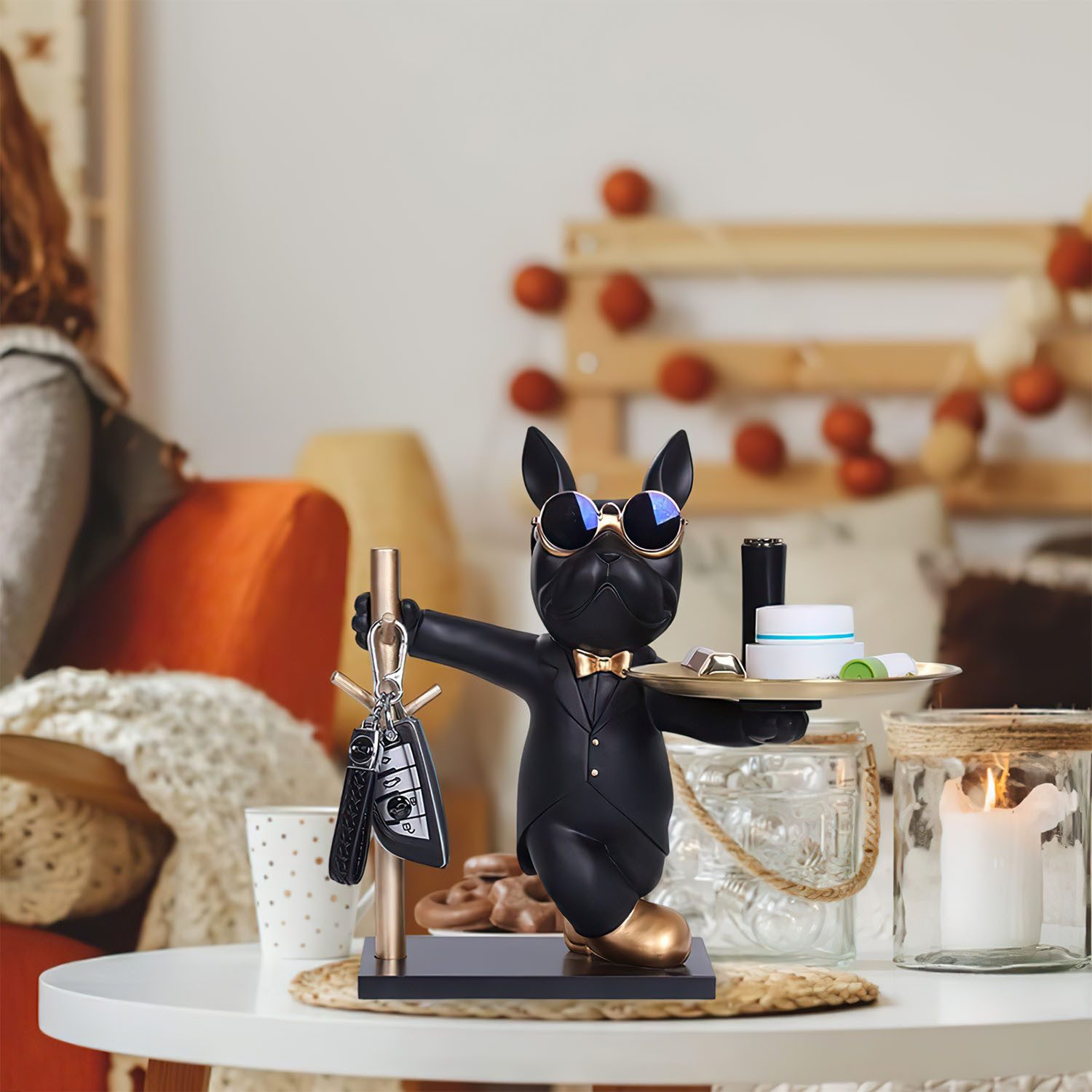SURFOU Tierfigur Bulldogge Skulptur Deko Schlüssel Ablage Hund mit Tablett (Schlüsselablage Flur für Wohnzimmer Heimdekoration Moderne Büro), Tierskulptur Tisch – Bild 5 von 5