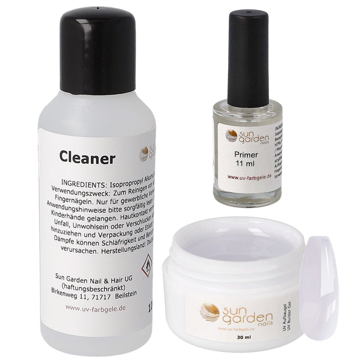 Sun Garden Nails Nagellack-Set Nailset mit Aufbaugel 30ml-Primer-Cleaner 100ml