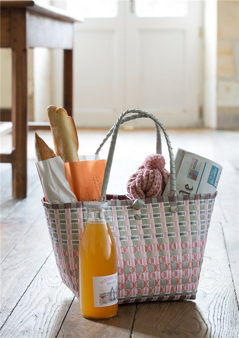 Overbeck And Friends Shopper Ines hellblau-weiß, medium oval (Markttasche, ca. 34 x 30 x 26 cm (geöffnet), robust, langlebig, leicht, wasserresistent - handgefertigt