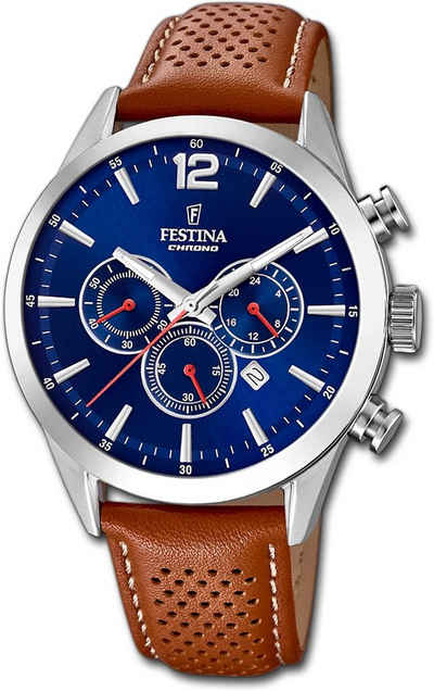 Festina Chronograph Festina Leder Herren Uhr, Herrenuhr mit Lederarmband, rundes Gehäuse, groß (ca. 44mm), Fashion-S