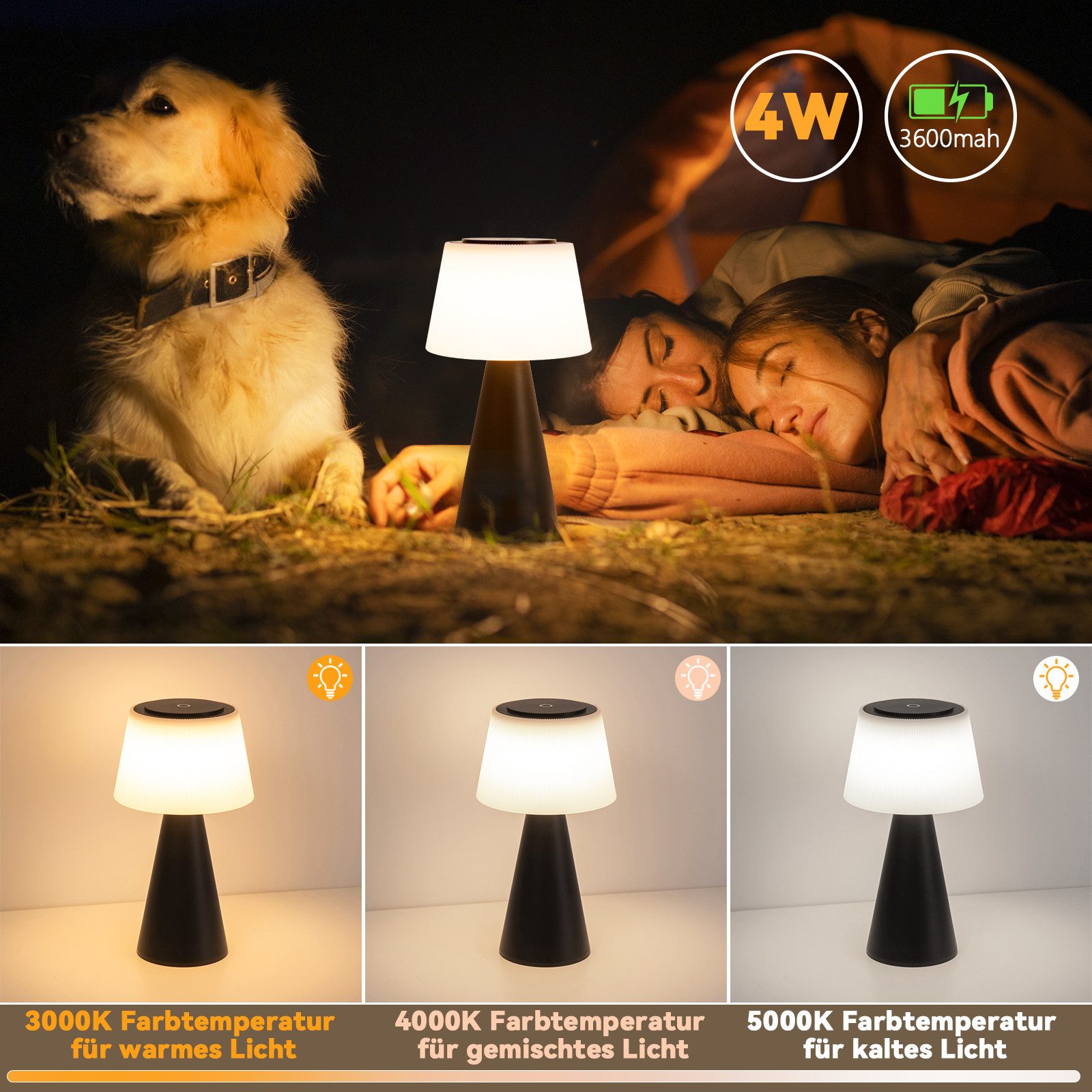 ZMH LED Tischleuchte kabellose Akku Tischlampe mit USB-C, Touch-Dimmer, 3 Helligkeitsstufen, Lichtfarbe 3000–6500 K, 3600 mAh, LED fest integriert, Warmweiß, fü – Bild 4 von 5