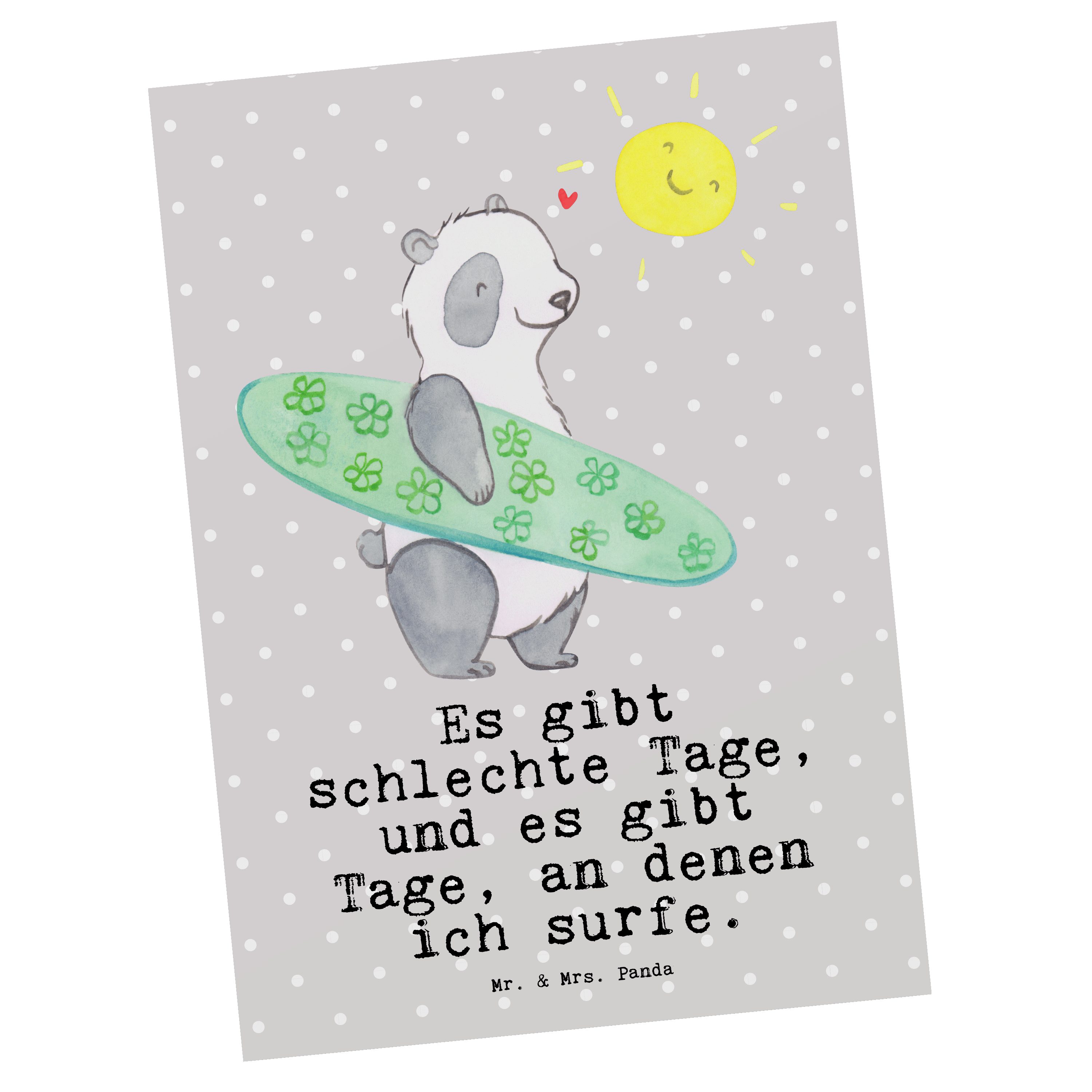 Mr. & Mrs. Panda Postkarte Panda Surfen Tage - Grau Pastell - Geschenk, Karte, Wellenreiten, Spo