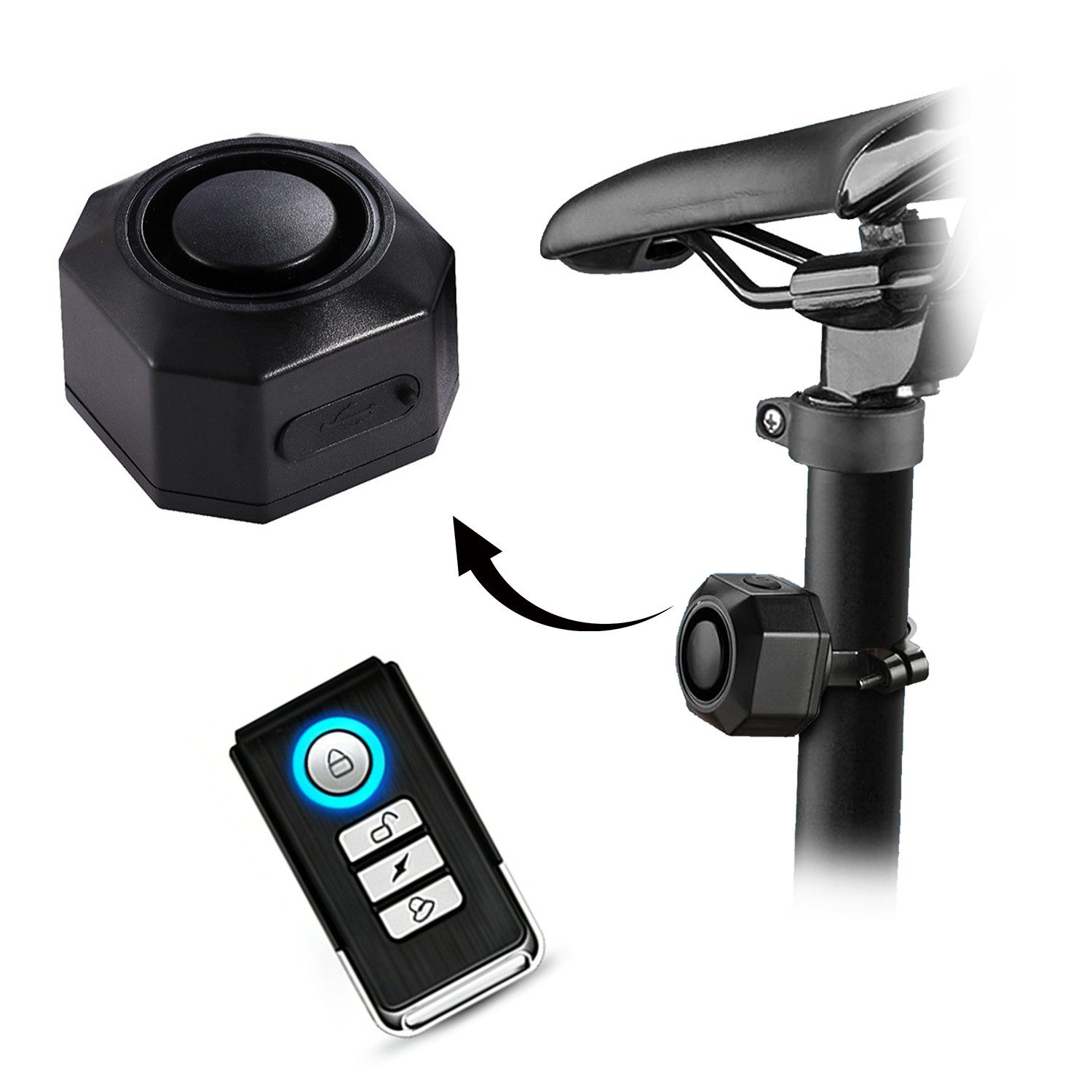 AIMAX Fahrradklingel Fahrrad Alarmanlage Fahrradalarmanlagen mit Fernbedienung Drahtlose, (110 dB laut Anti-Diebstahl, USB-C, Wiederaufladbare IP65 Wasserdicht, 1-tlg. Fahrrad Alarm mit Halterung für Roller MTB Ebike E Scooter) Fahrrad-Zubehör Elektronische Fahrradklingel Geschenke für Männer
