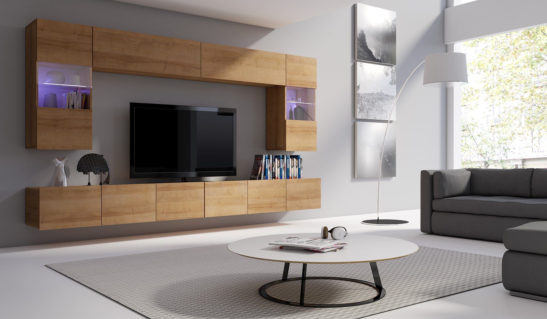 Modern (6-St), mit LED-Beleuchtung, variabel Design, Wohnzimmer-Set), 6-teilig, Stylefy wahlweise Wotan Wohnwand (Set Eiche Bietula, hängbar