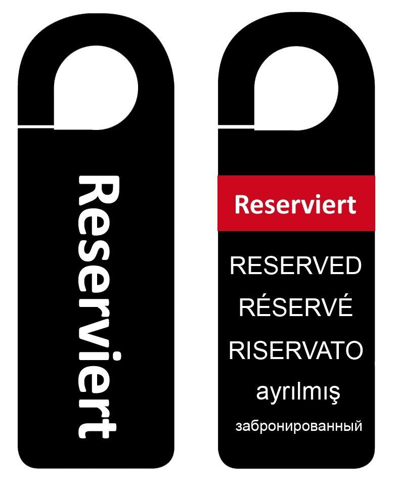 LYSCO Dekohänger Türschilder Türhänger "Reserviert", schwarz in 6 Sprachen (bestellbar in 3 verschiedenen Verpackungseinheiten, 6 St., in verschieden Varianten erhältlich), Hotelbedarf Türaufhänger Türhaken Hänger Türklinke