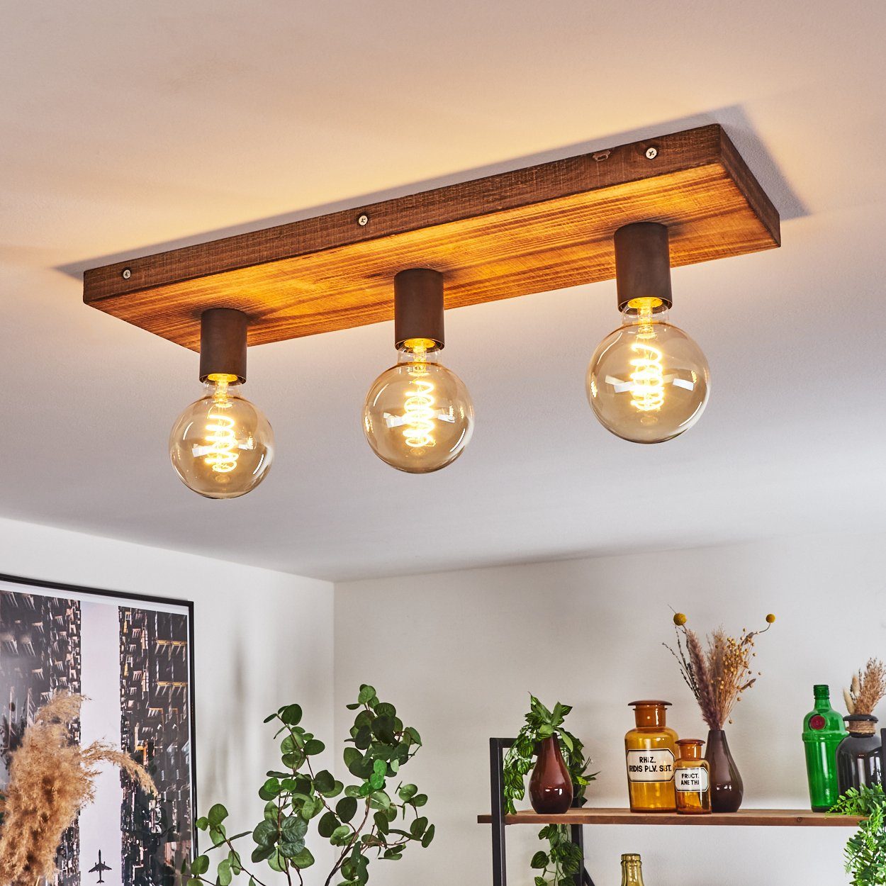 hofstein Deckenleuchte »Mesoraca« Deckenlampe aus Holz und Metall in Hellbraun und Schwarz, ohne Leuchtmittel, im offenen Design, 3xE27