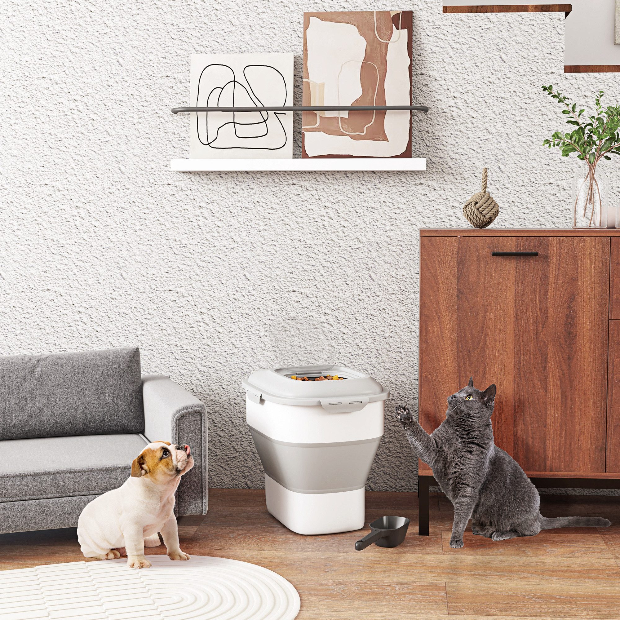 PawHut Futterbehälter mit Messbecher, Schüssel, mit Rollen, Kunststoff, TPE günstig online kaufen