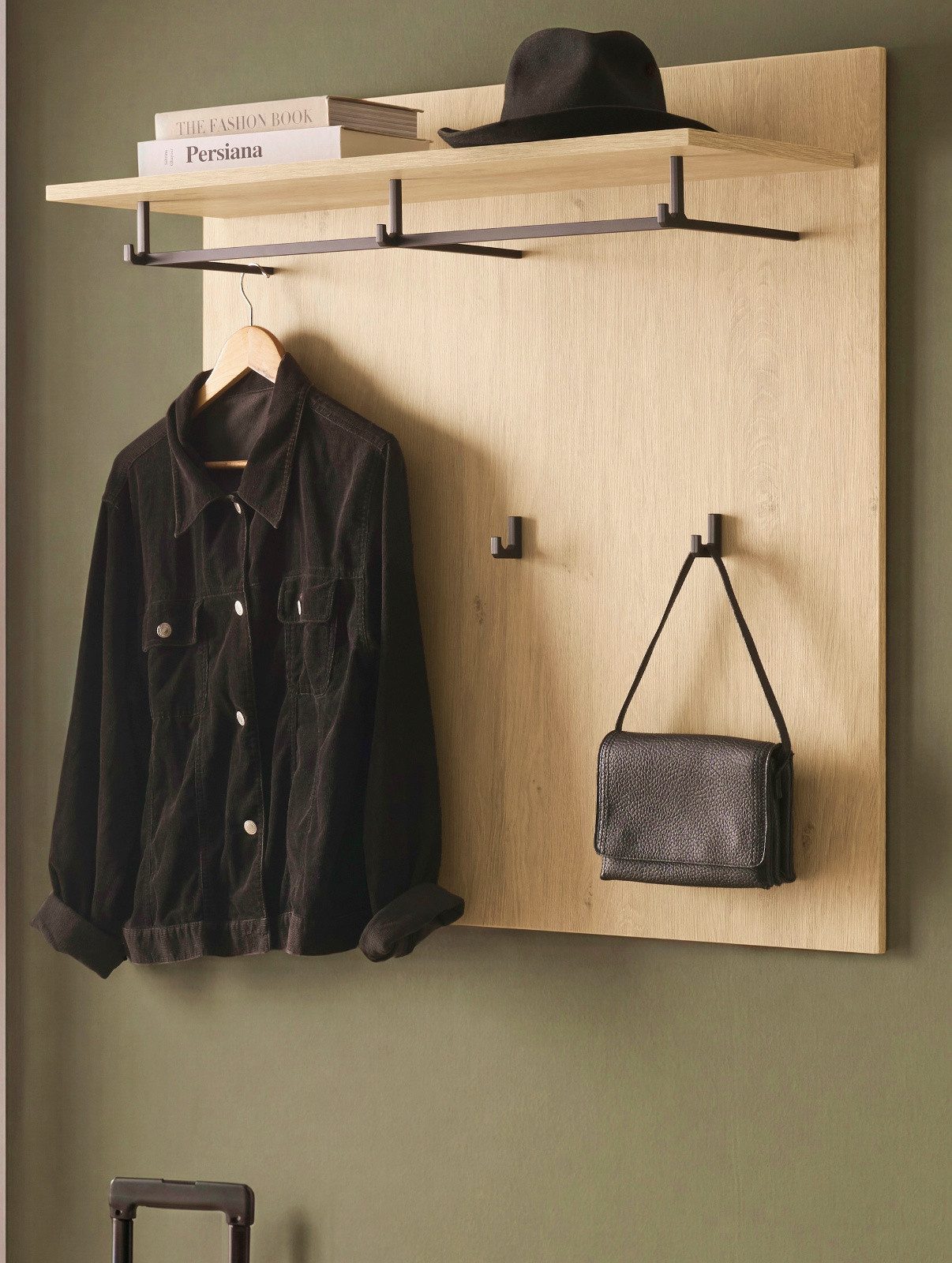 Furn.Design Garderobenpaneel Breda (Wandgarderobe in Stone Eiche mit Schwarz, 90 x 90 cm), mit großer Kleiderstange und 6 Haken