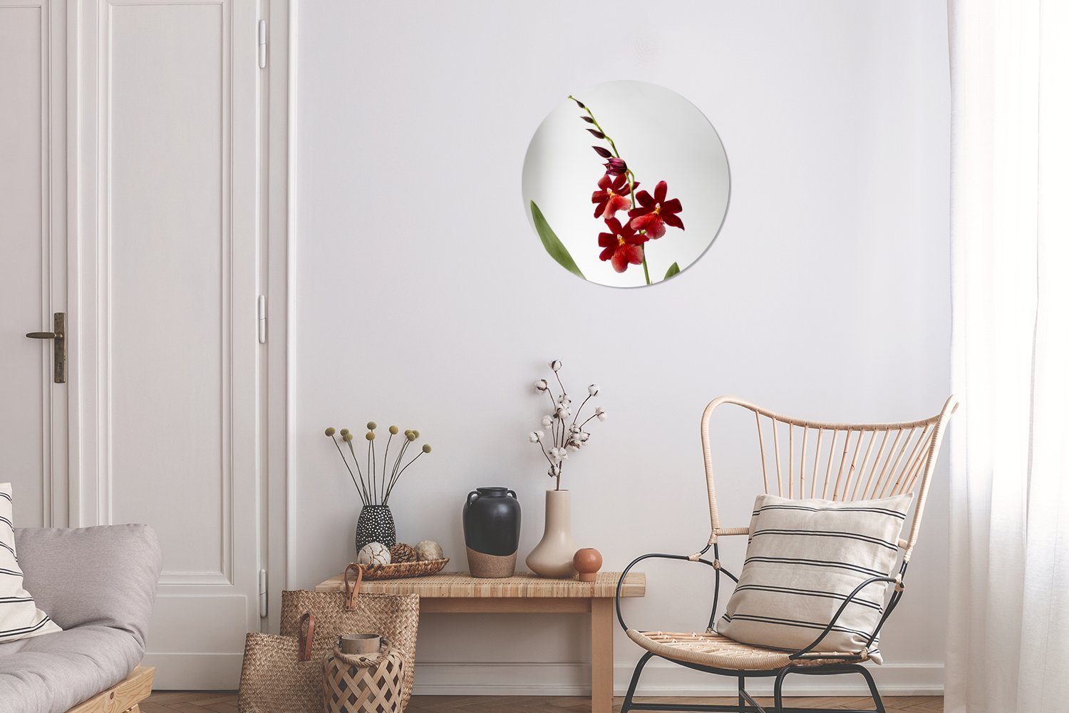MuchoWow Gemälde Rote Orchidee mit auf Wanddekoration (1 Hintergrund, Wandbild, Blättern Forex, Kreis cm weißem 30x30 Rundes St), Wohnzimmer