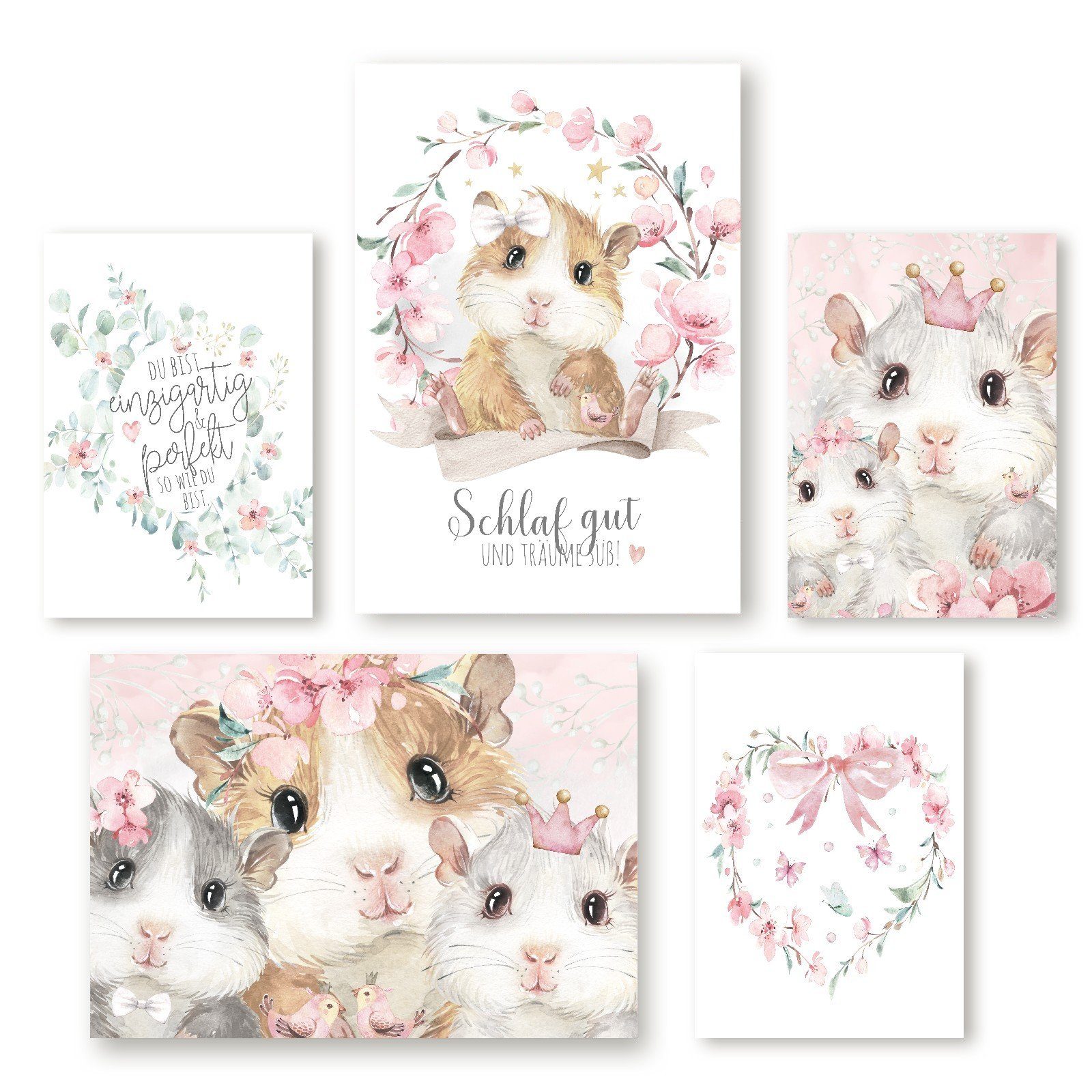 homestyle-accessoires Poster Kinderzimmer Kinderbilder Bilderset SCHLAF SCHÖN - MEERSCHWEINCHEN, (5 St), - Ohne Bilderrahmen - sorgfältige & sichere Verpackung