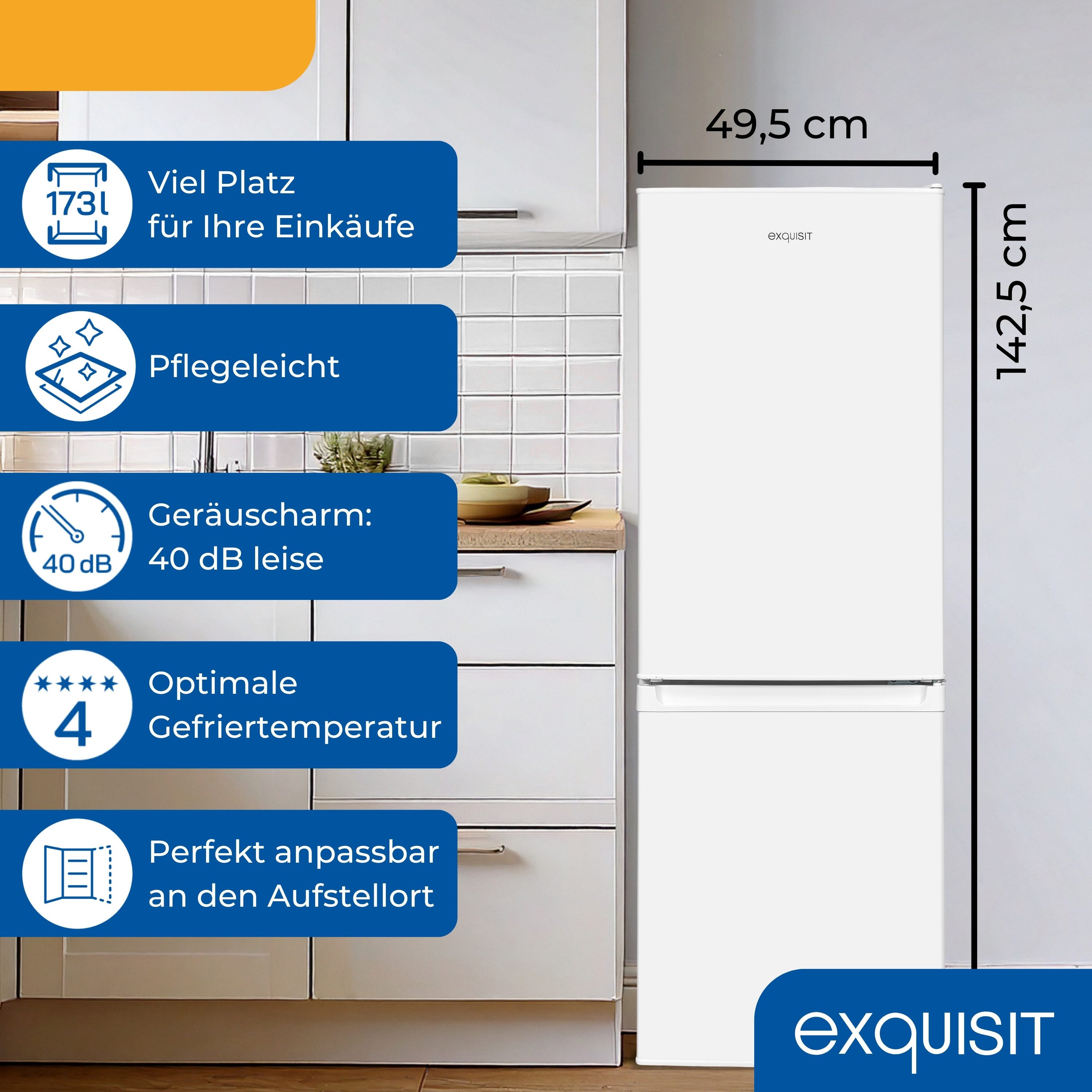 exquisit Kühl-/Gefrierkombination KGC232-60-E-040C weiss, 142,5 cm hoch, 49,5 cm breit, Platzsparend 173 l, flexibel, leise, effizient, LED, 4*-Gefrierfach