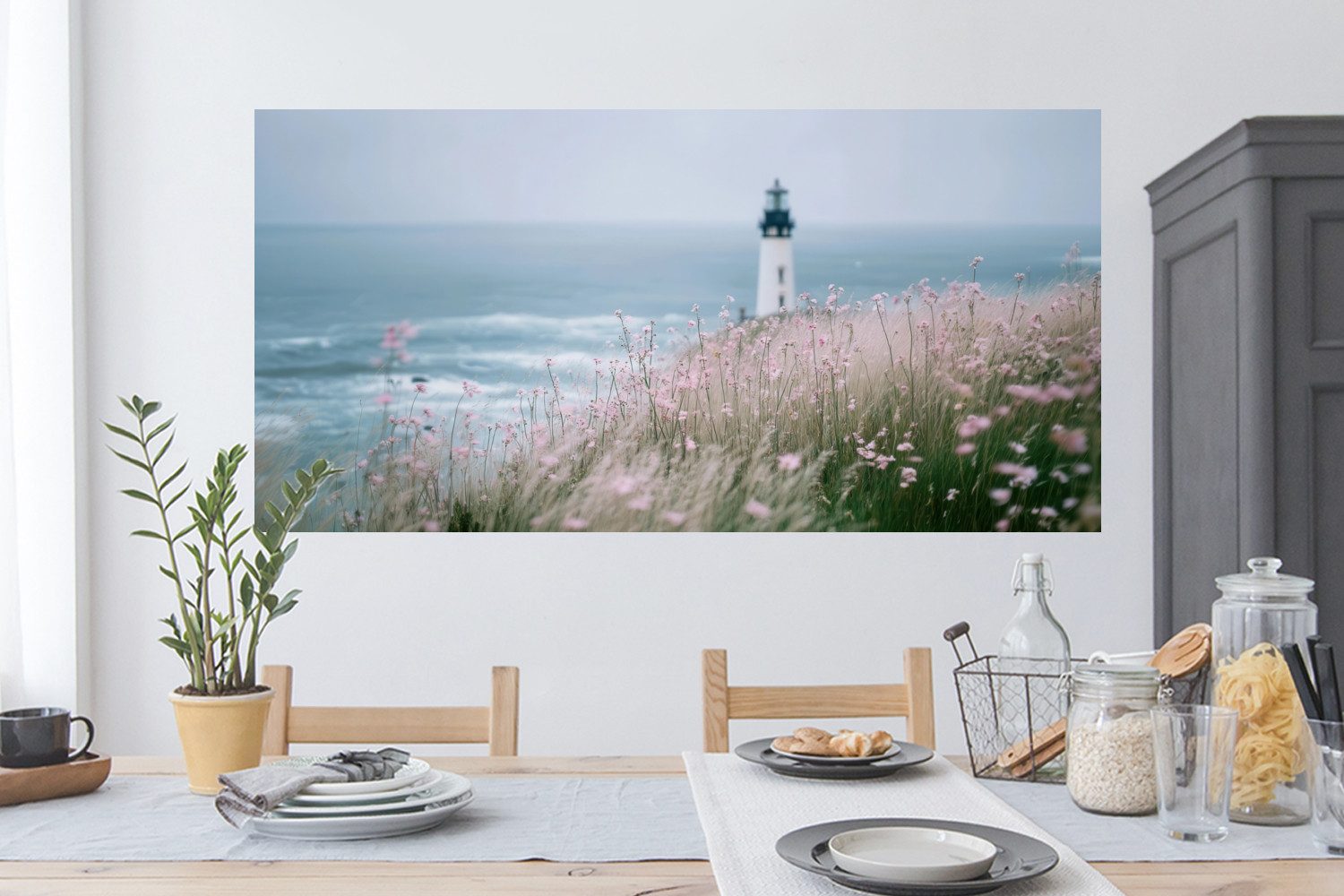 MuchoWow Wandsticker Leuchtturm - Klippe - Meer - Blumen (1 St), Sticker für die Wohnzimmer und Schlafzimmer, 120x60 cm