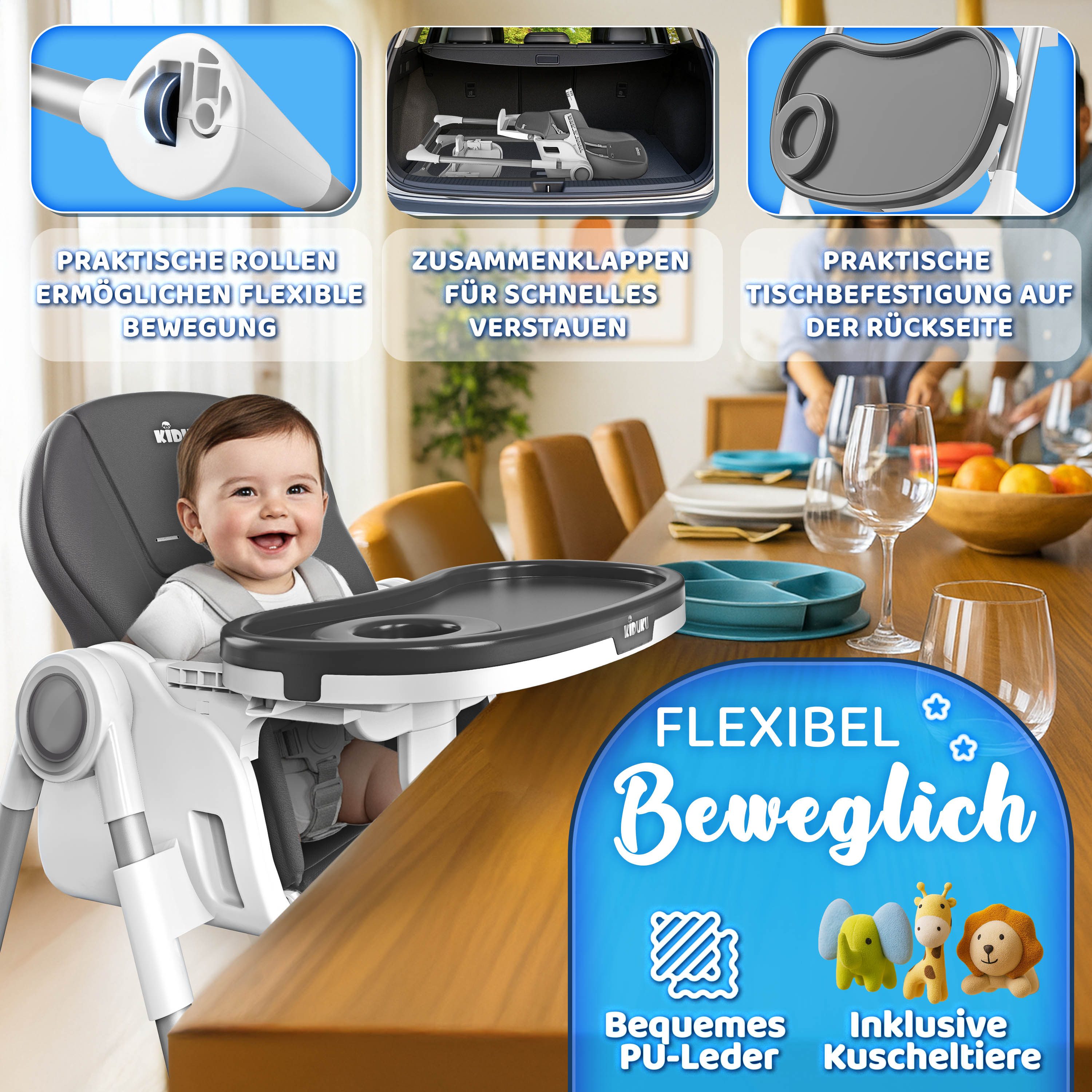 KIDUKU Hochstuhl KIDUKU® Hochstuhl Baby 3in1 mit Neugeborenenaufsatz + Lätzchen, Spielb (Tisch Kinderhochstuhl klappbar mit Liegefunktion 0-36 Monate), Baby 3in1 mit Neugeborenenaufsatz + Lätzchen, Spielbogen
