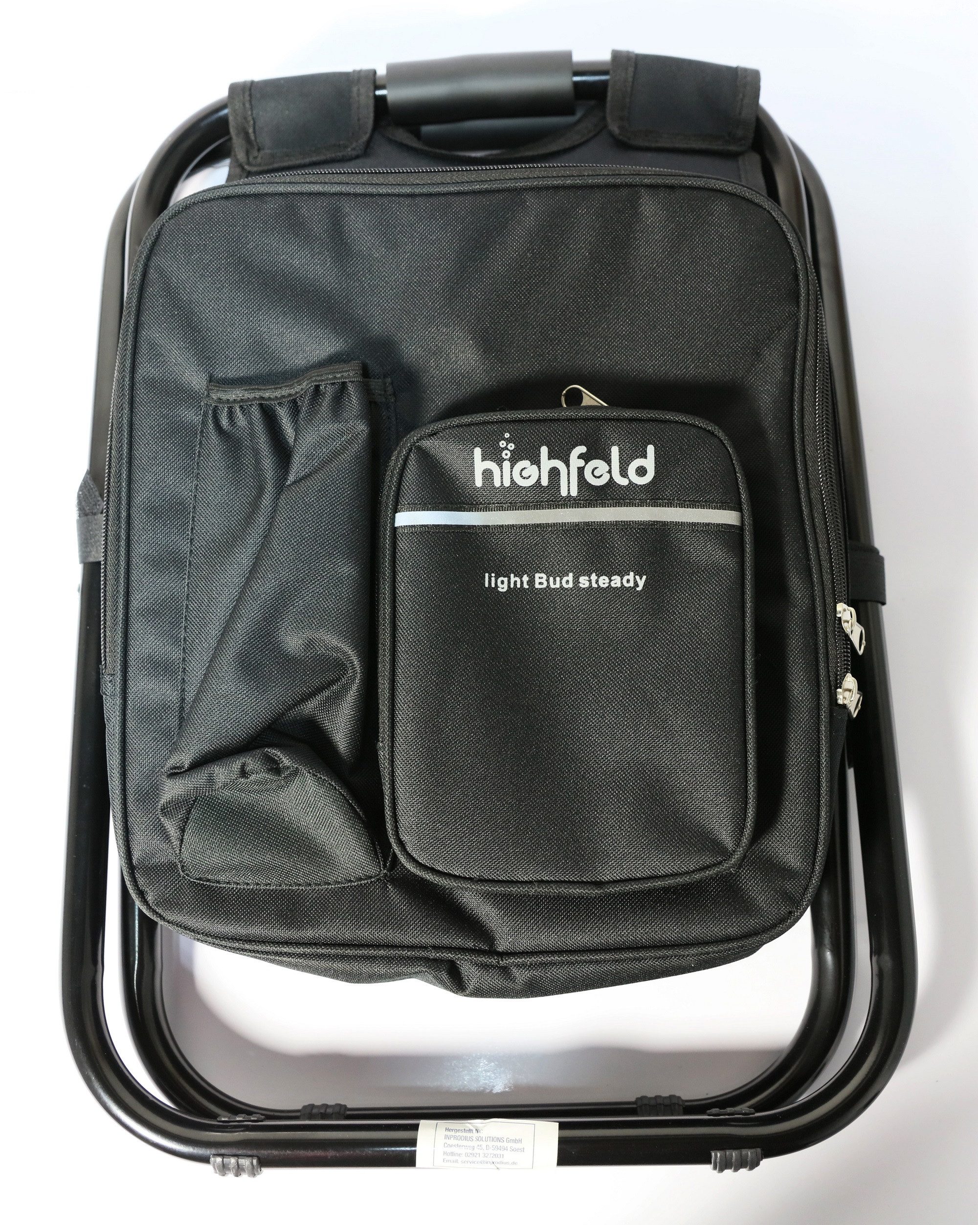 highfeld Campinghocker Camping Hocker mit Rucksack black (1 Stück), mit integrierter Kühltasche