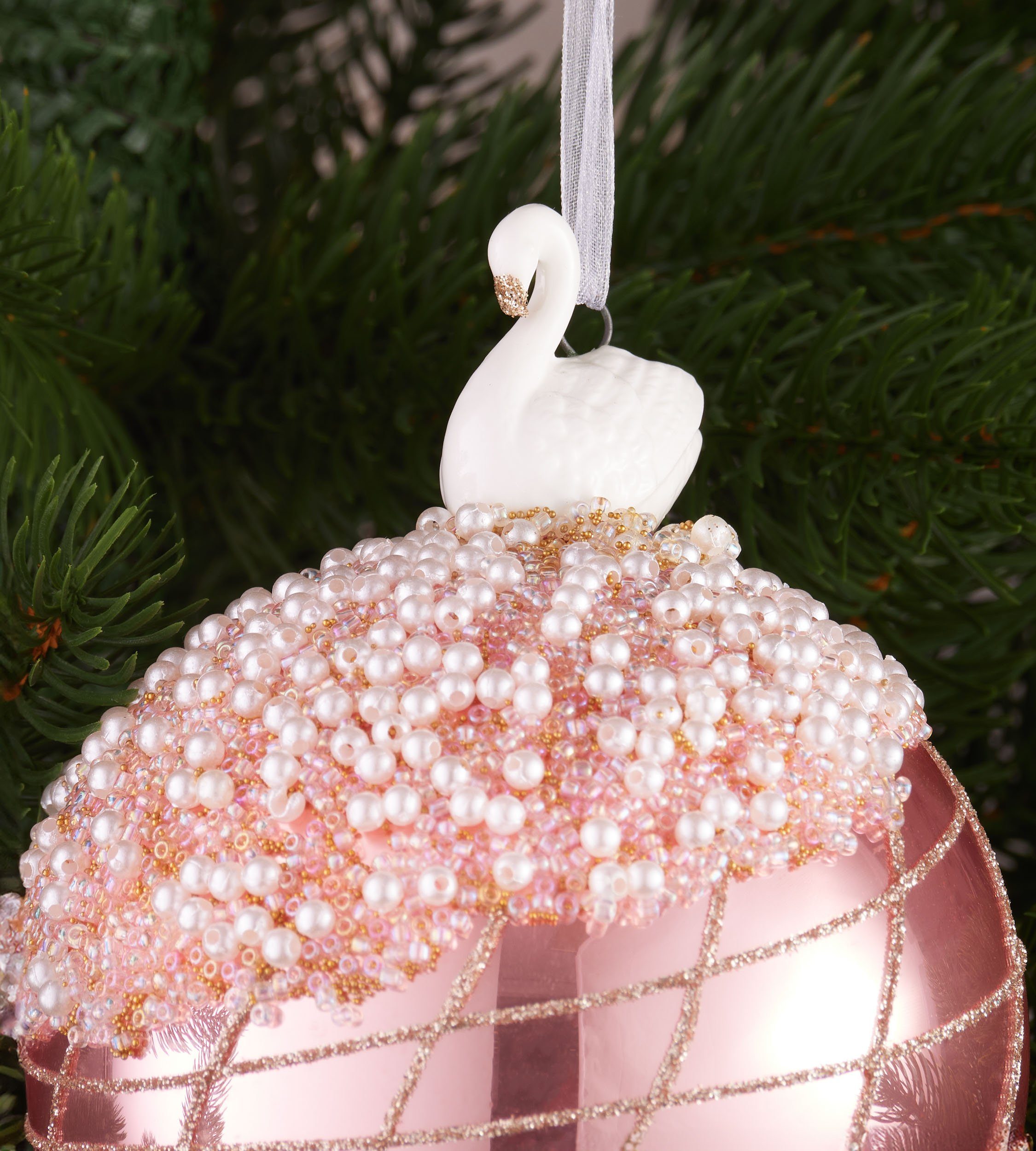 aus Handdekorierte (1 Porzellan Weihnachtskugel St), Premium Perlen BRUBAKER Figur Baumkugel Rosa mit Christbaumschmuck mit 10 - Glitzer Weihnachtsbaumkugel cm Dekorationen Glas und