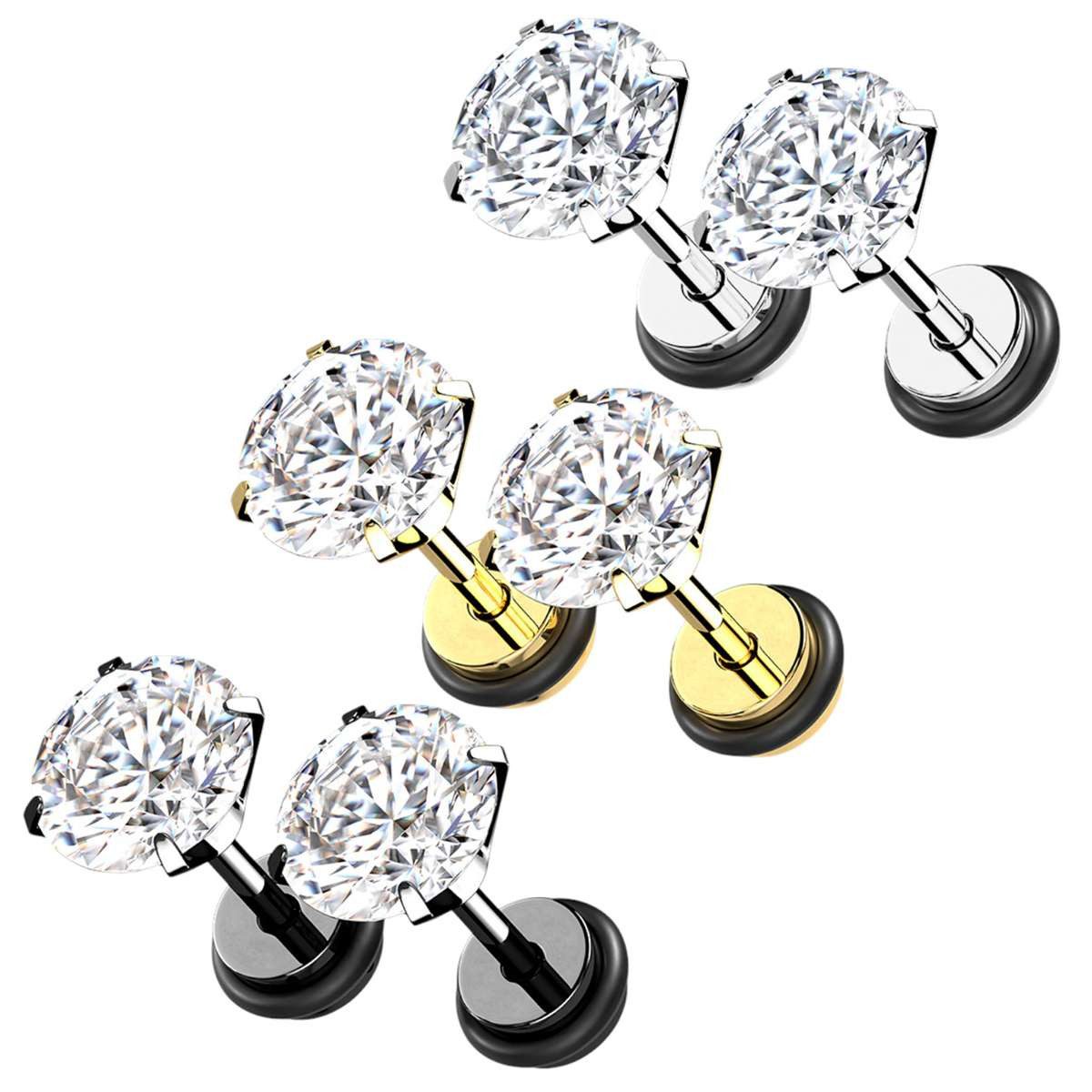 Taffstyle Fake-Ear-Plug Fake Plug Piercing Ohrstecker Paar mit Zirkonia Kristall Innengewinde (Moderne Fake Plugs aus Chirurgenstahl mit klarem Zirkonia Stein)