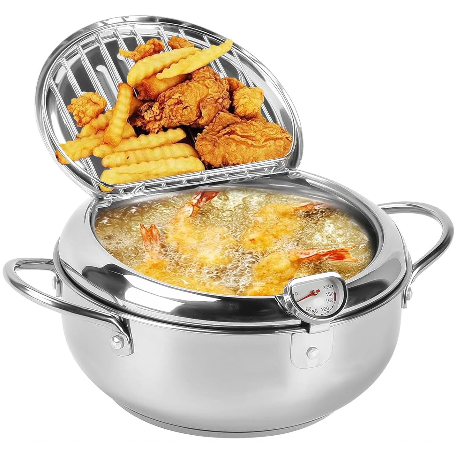 Refined Living Frittiertopf Edelstahl-Frittiertopf mit Deckel und Ölabtropfgestell, Thermometer, (2.2L Tempura-Fritteuse Im Japanischen Stil mit Cold-Touch-Griff, 1-tlg., Kleine Friteuse Für Pommes Frites, Hühnerflügel Und Garnelen (20cm), Stainless Steel Oil Fryer Kompatibel mit Gasherd und Elektroherd