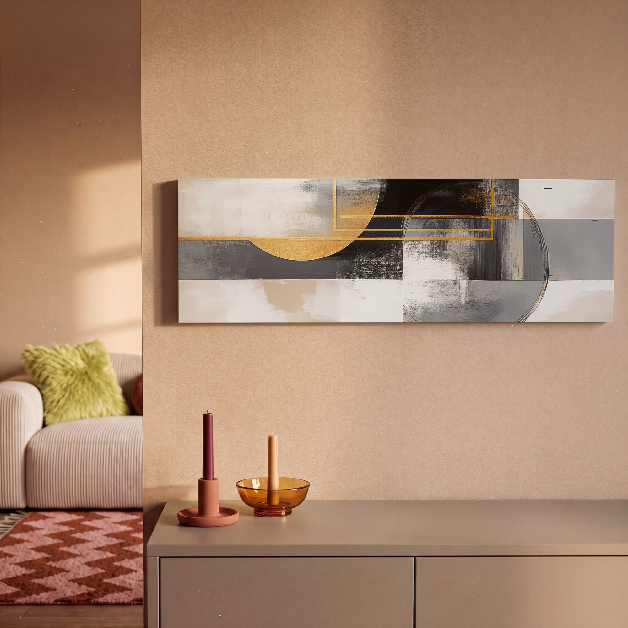 OneMillionCanvasses® Leinwandbild Panorama Abstrakt - Gold - Silber - Formen - Ästhetisch - Modern, Fotodruck (1 St), Wandbild, Deko Schlafzimmer Wohnzimmer Flu – Bild 2 von 5