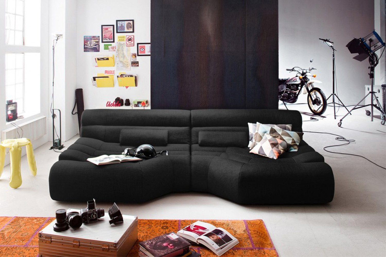 KAWOLA Big-Sofa TARA, XXL-Sofa Stoff versch. Farben schwarz | schwarz