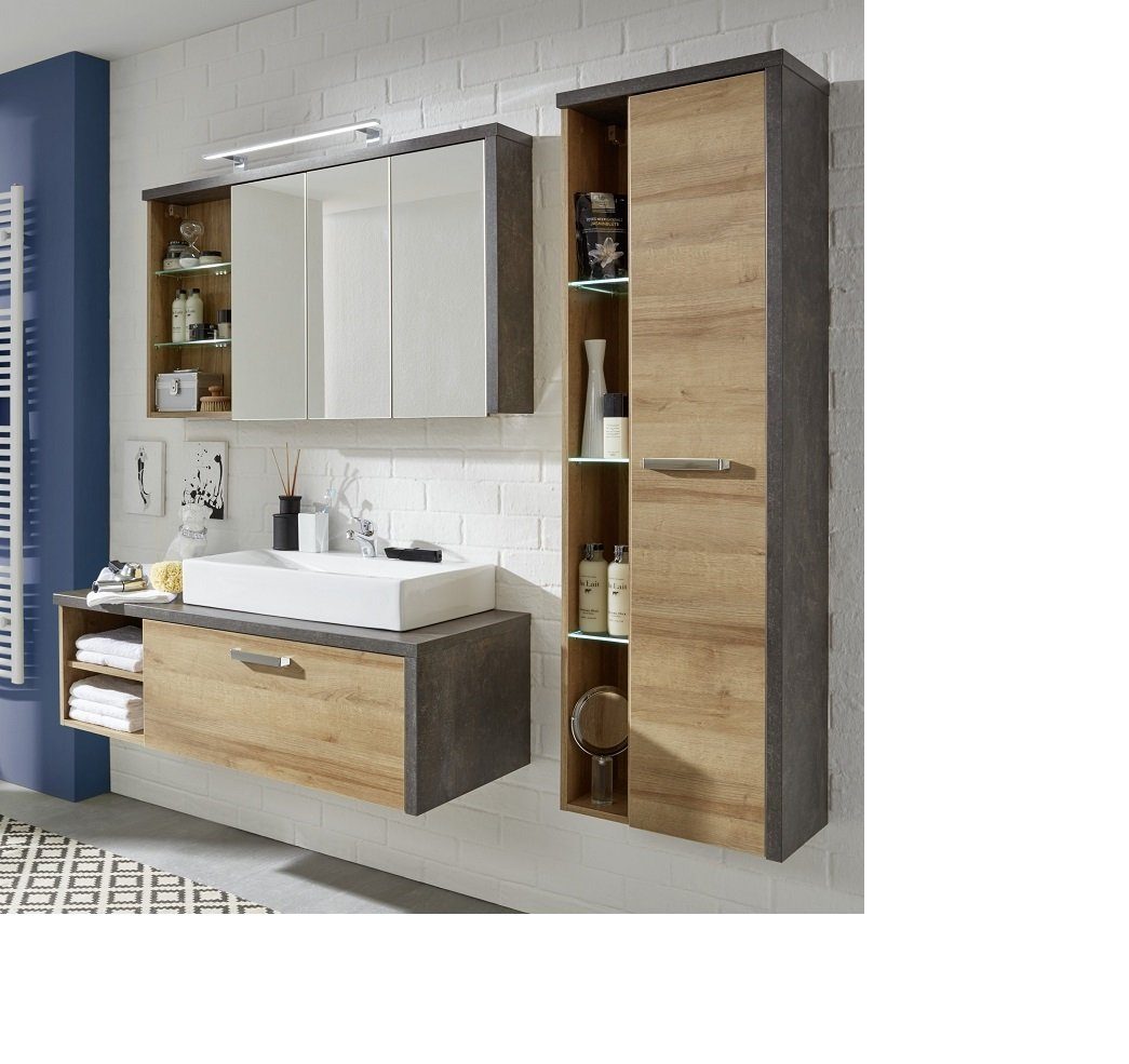 trendteam Badmöbel-Set Badezimmer-Set Bay, Eiche Honig / Beton, 3-teilig, (3-St)