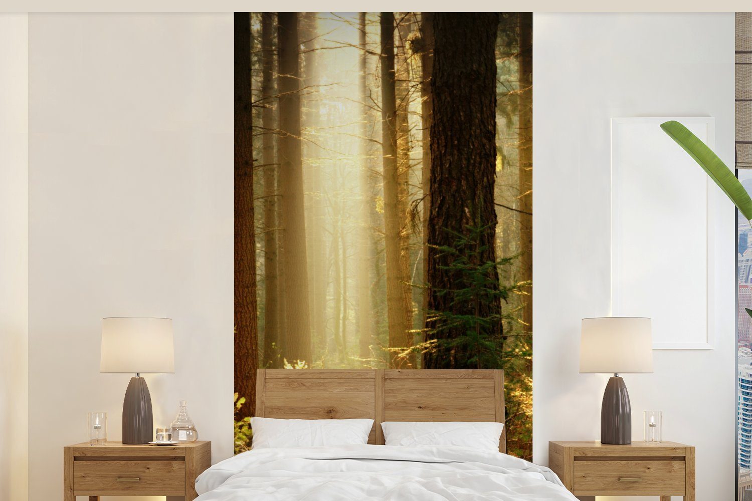 MuchoWow Fototapete Wald - Bäume - Sonne, Matt, bedruckt, (2 St), Vliestapete für Wohnzimmer Schlafzimmer Küche, Fototapete