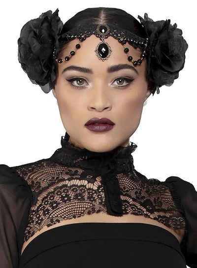 Smiffys Kostüm Gothic Festival Black Rose Haarband Kopfschmuck, Außergewöhnlicher Haarschmuck mit Diadem und großen Kunstrosen