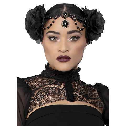Smiffys Kostüm Gothic Festival Black Rose Haarband Kopfschmuck, Außergewöhnlicher Haarschmuck mit Diadem und großen Kunstrosen