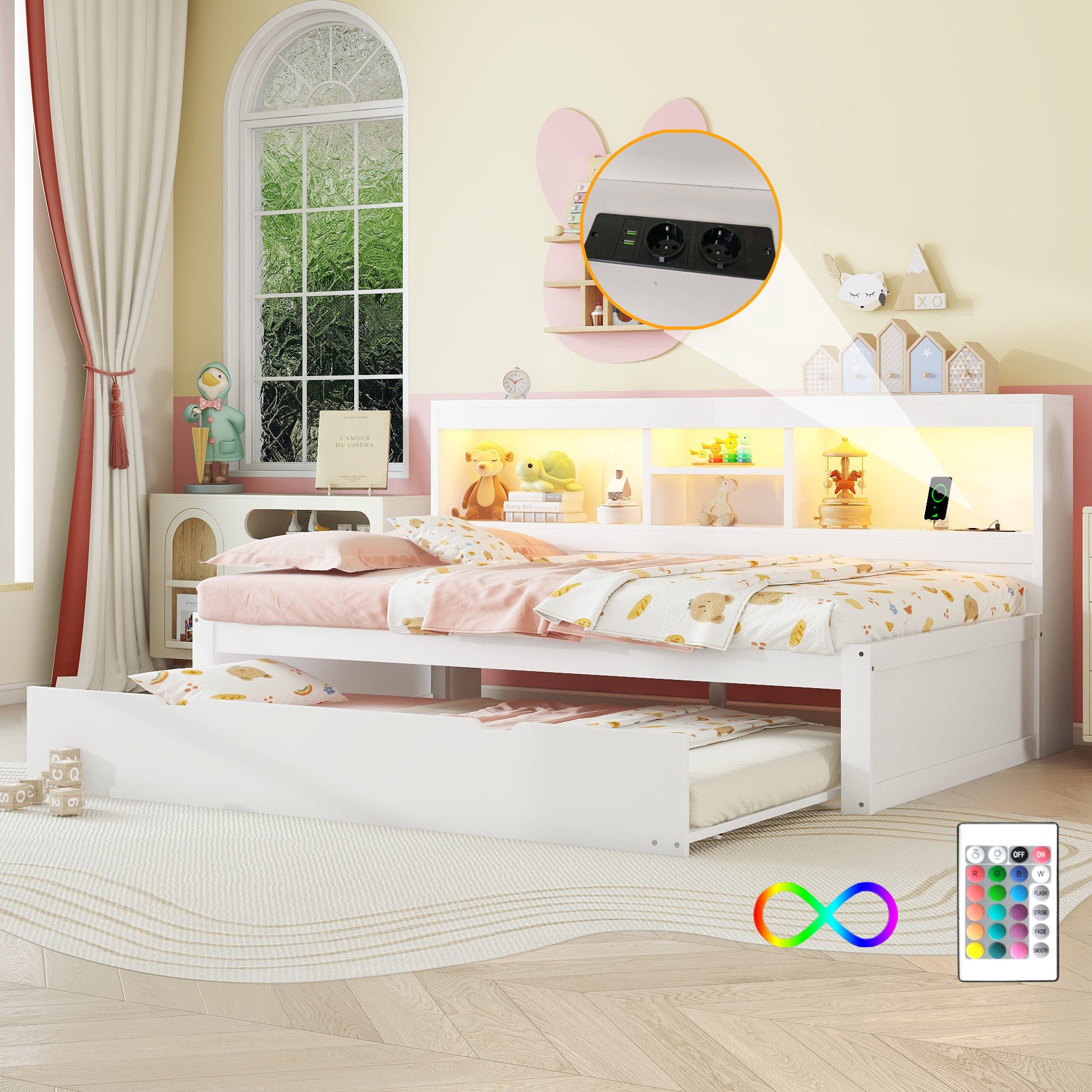 Flieks Kinderbett, LED Daybett Holzbett 90x200cm günstig online kaufen