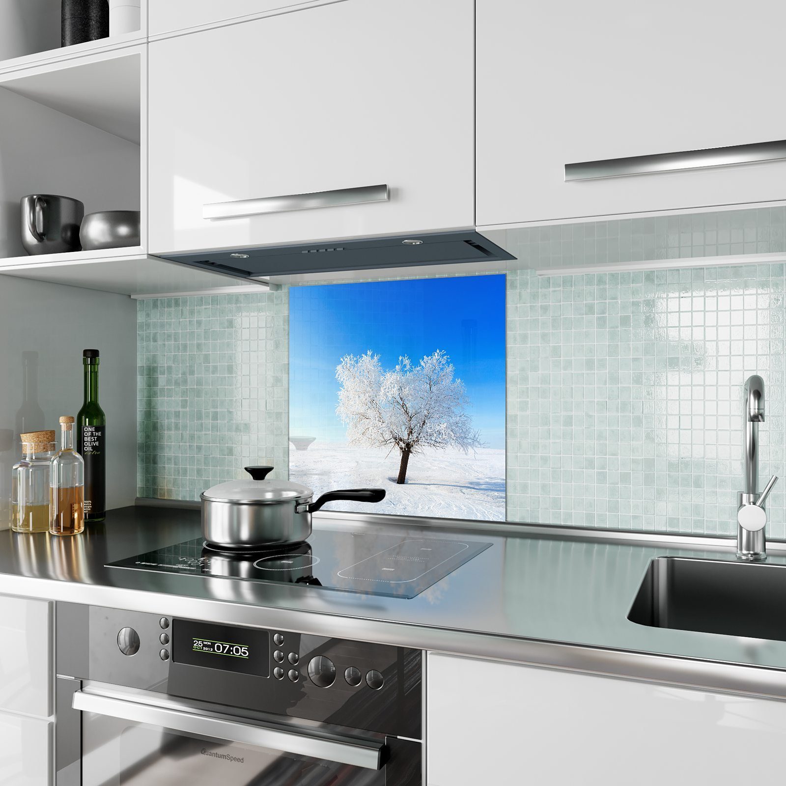 Primedeco Küchenrückwand Küchenrückwand Spritzschutz Winterlandschaft Glas Motiv Baum in mit