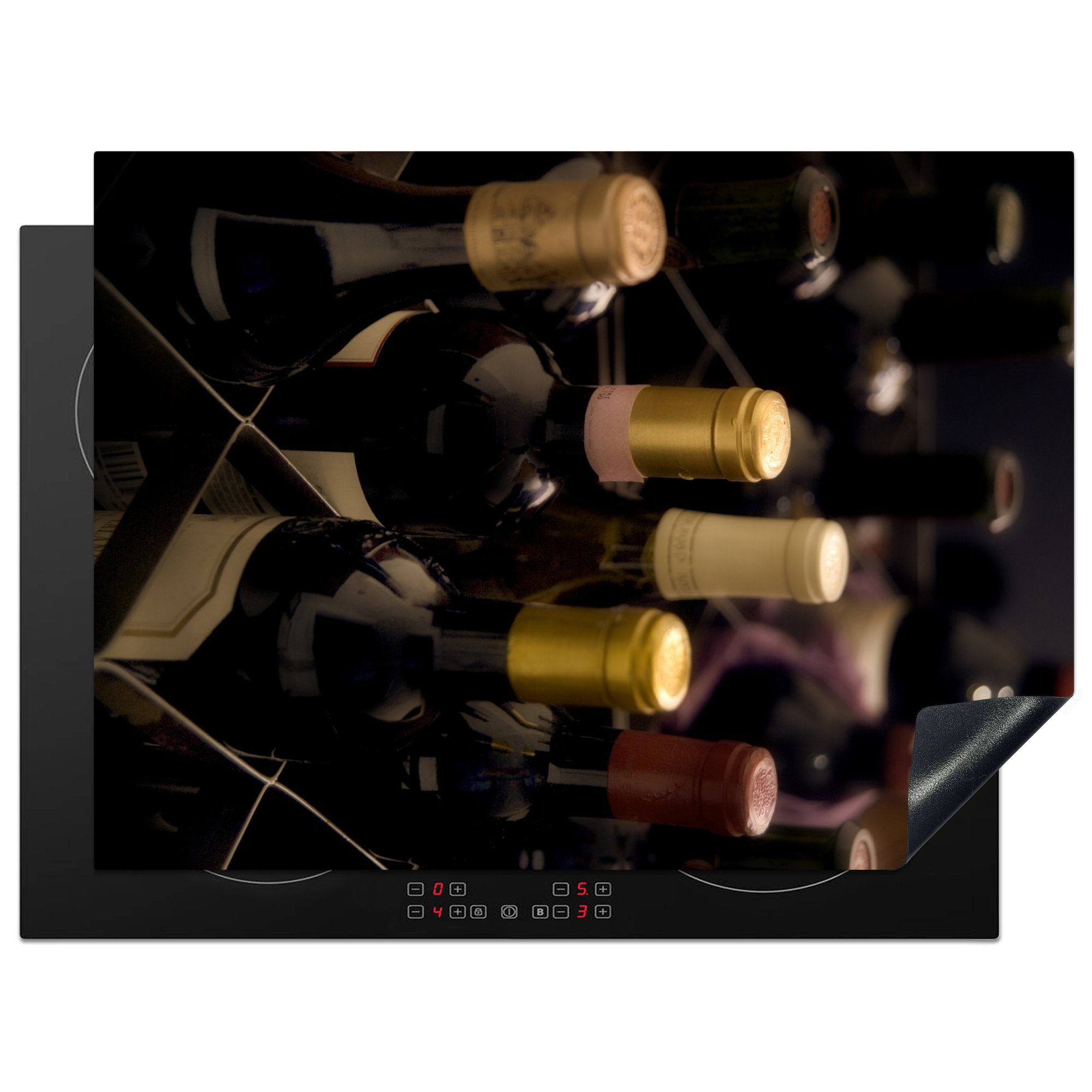 MuchoWow Herdblende-/Abdeckplatte Reihenweise in Kisten verpackte Weine in einem Weinkeller, Vinyl, (1 tlg), 70x52 cm, Mobile Arbeitsfläche nutzbar, Ceranfeldabdeckung
