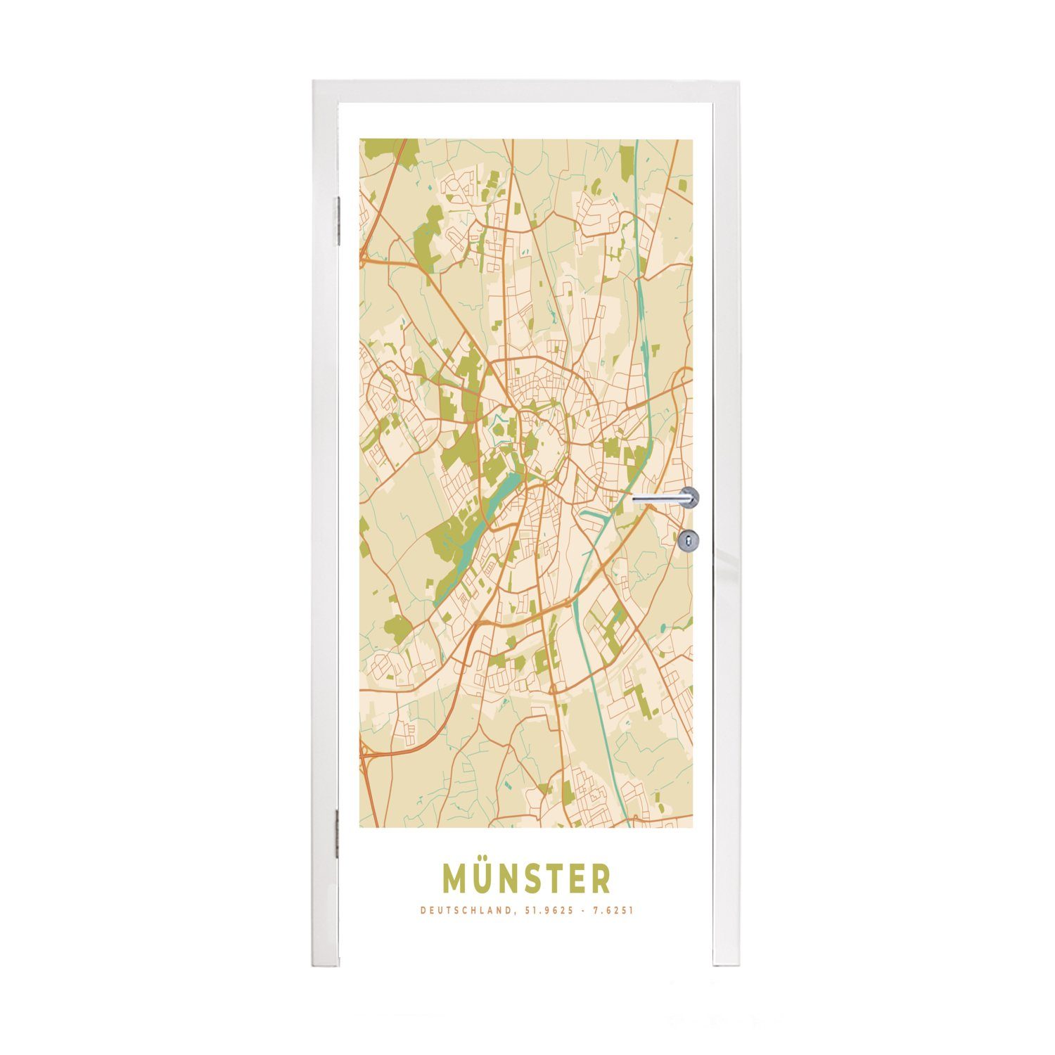 MuchoWow Türtapete Münster - Karte - Stadtplan - Vintage - Karte, Matt, bedruckt, (1 St), Fototapete für Tür, Türaufkleber, 75x205 cm