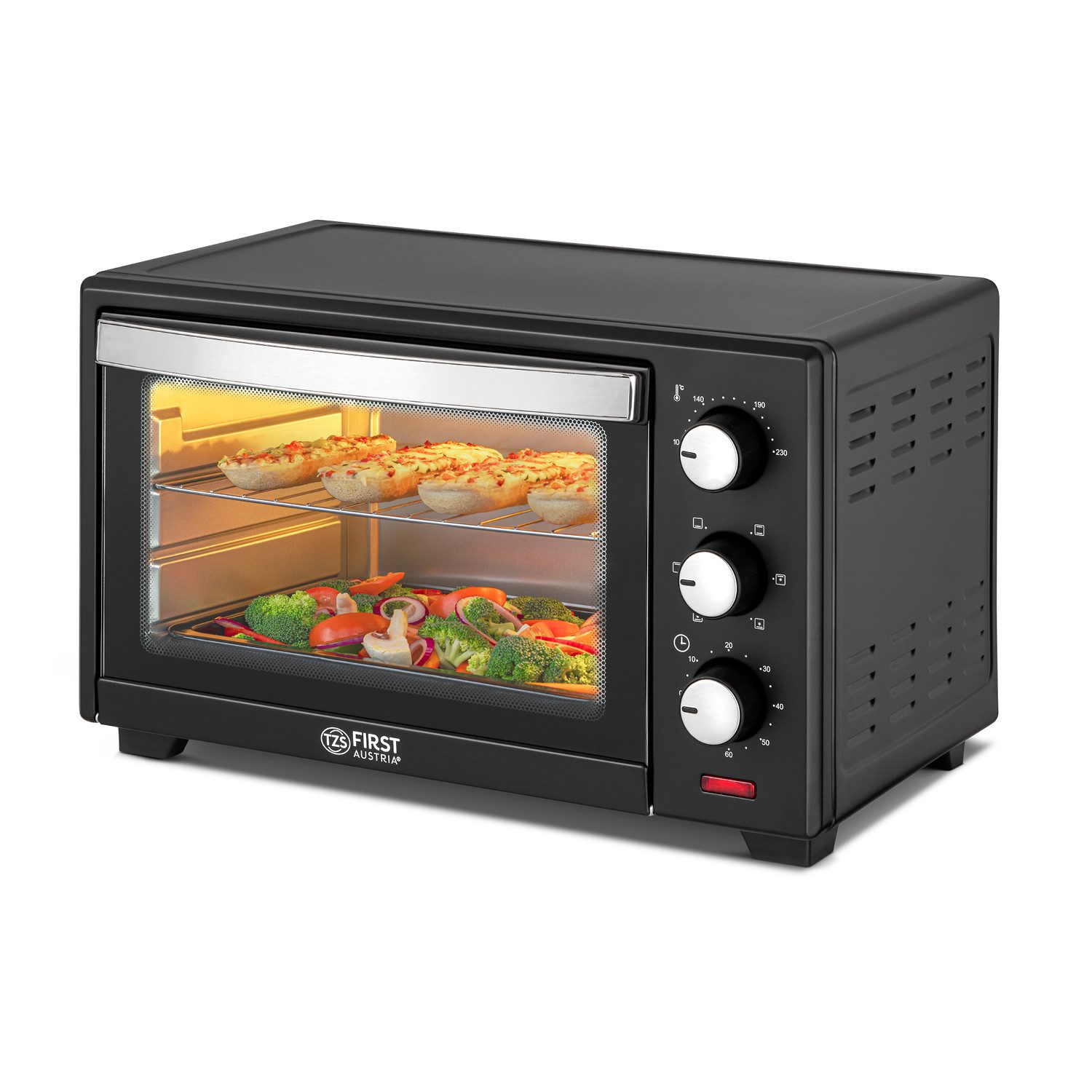 TZS FIRST AUSTRIA Minibackofen 20L Mini Backofen, 1380W, Unter-Oberhitze, bis 230 Grad, Doppelglastür, stufenlose Temperaturregelung, 60 Min Timer, Mini Ofen, Umluft