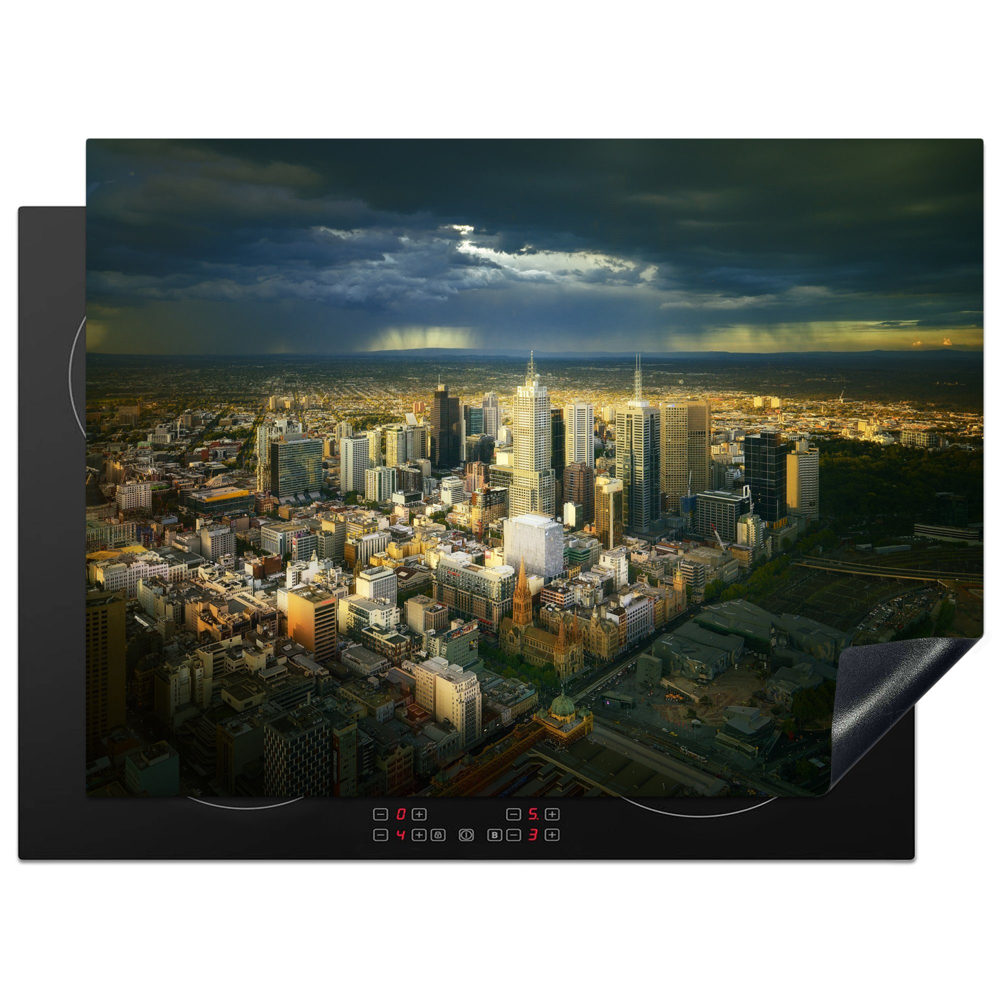 MuchoWow Herdblende-/Abdeckplatte Sonnenstrahlen erhellen das Stadtzentrum von Melbourne, Vinyl, (1 tlg), 70x52 cm, Mobile Arbeitsfläche nutzbar, Ceranfeldabdeckung