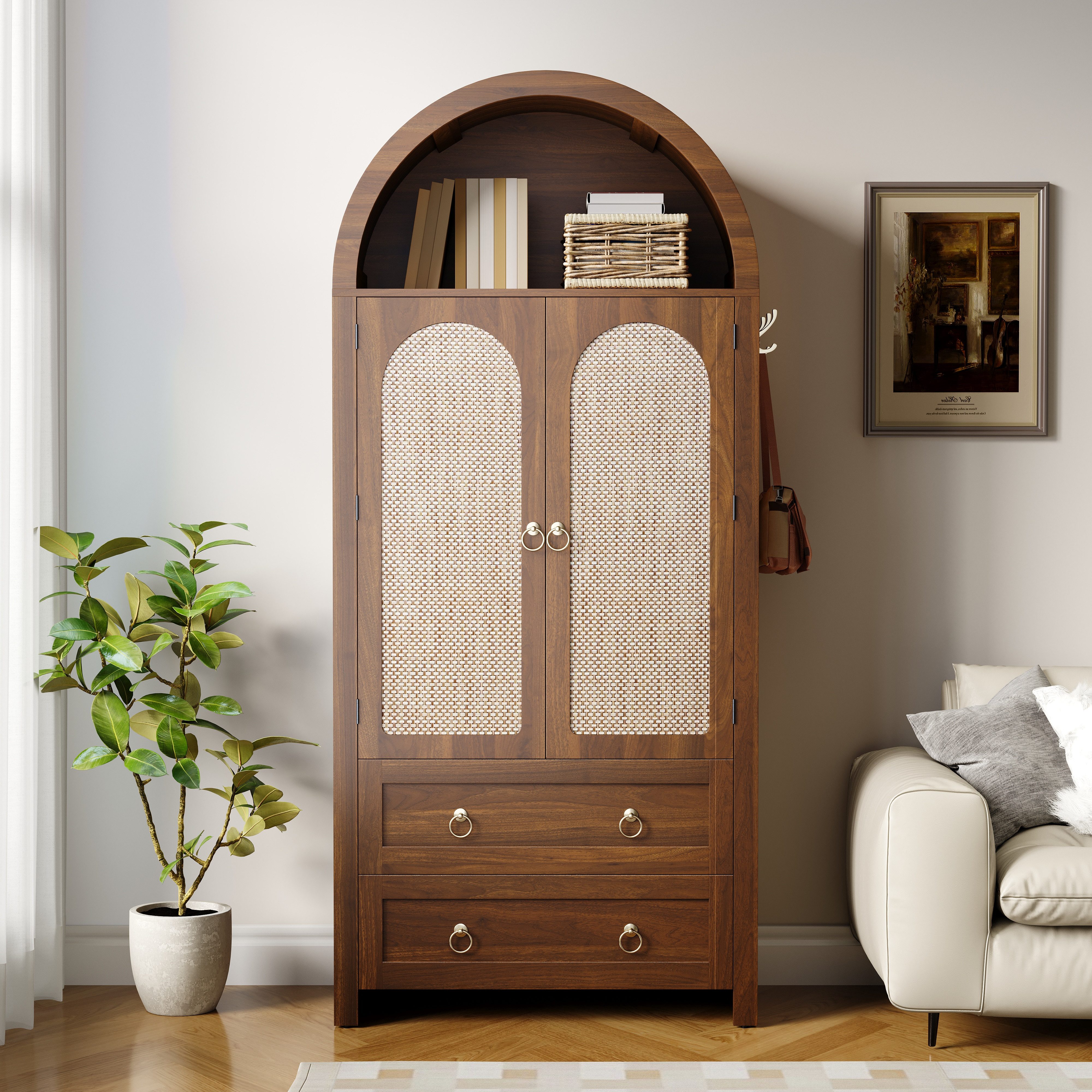 Merax Sideboard im Vintage-Rattan-Stil, Bogenförmiger Schrank (1 St., 80 L x 40 B x 180 H), Kommode mit 2 Türen, 2 Schubladen und Stauraum, Aufbewahrungsmöbel