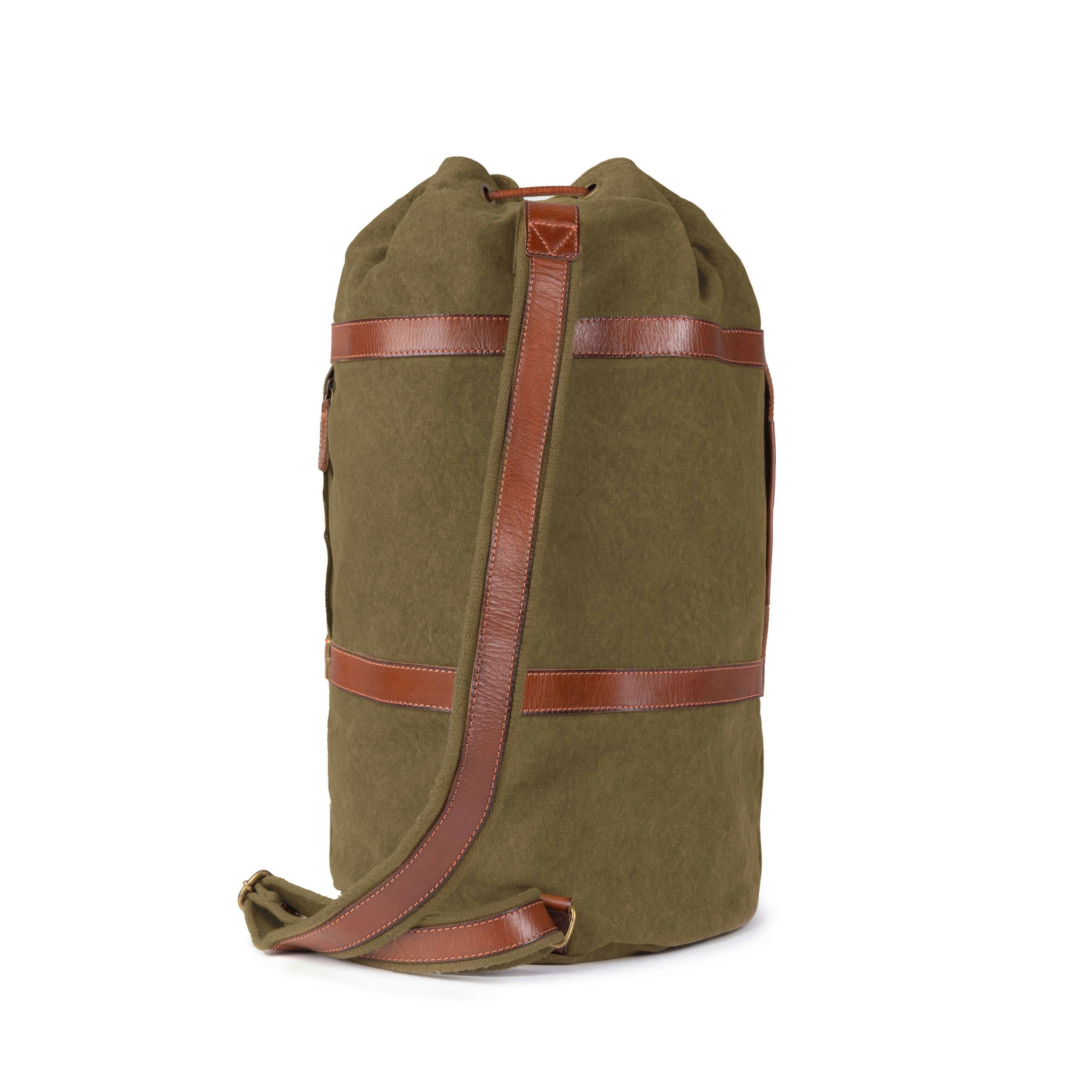 (M) »Robin« DRAKENSBERG aus kleine Reisetasche Vintage Rucksack Canvas Seesack mit Leder und Oliv-Grün, Rucksackfunktion