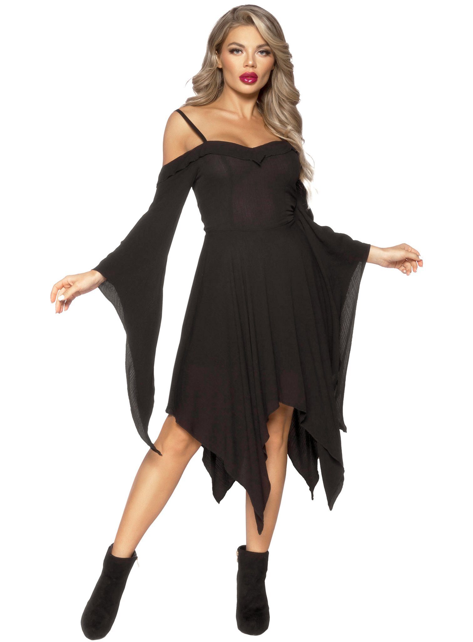 Hexen-Kostüm Schwarzes Trägerkleid mit Trompetenärmeln