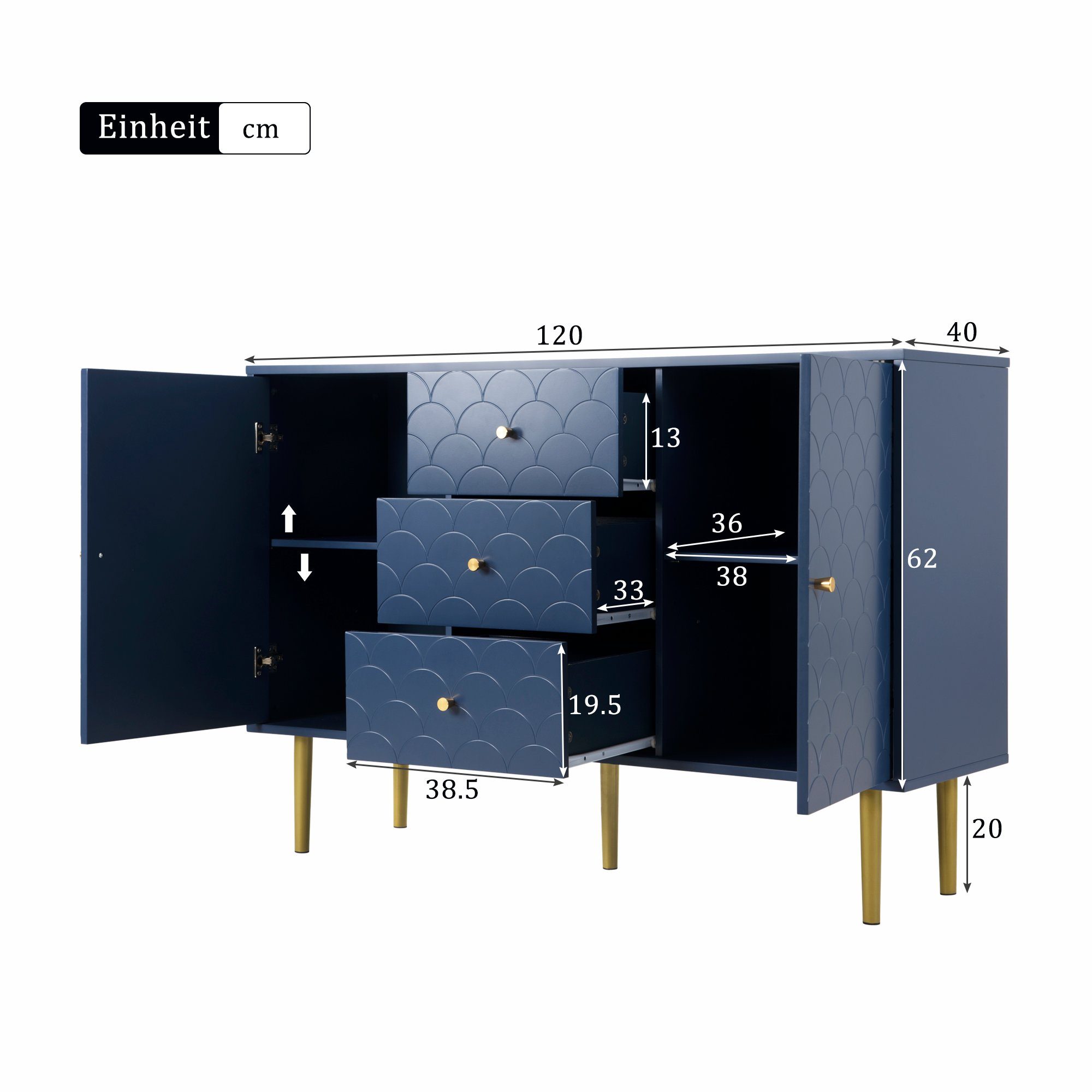 Kommode (1 St., Sideboard Schubladenschrank mit 3 Schubladen und 2 Türen), Fischschuppenmuster, Metallbeine, Verstellbare Ablage, 120*40*82 cm