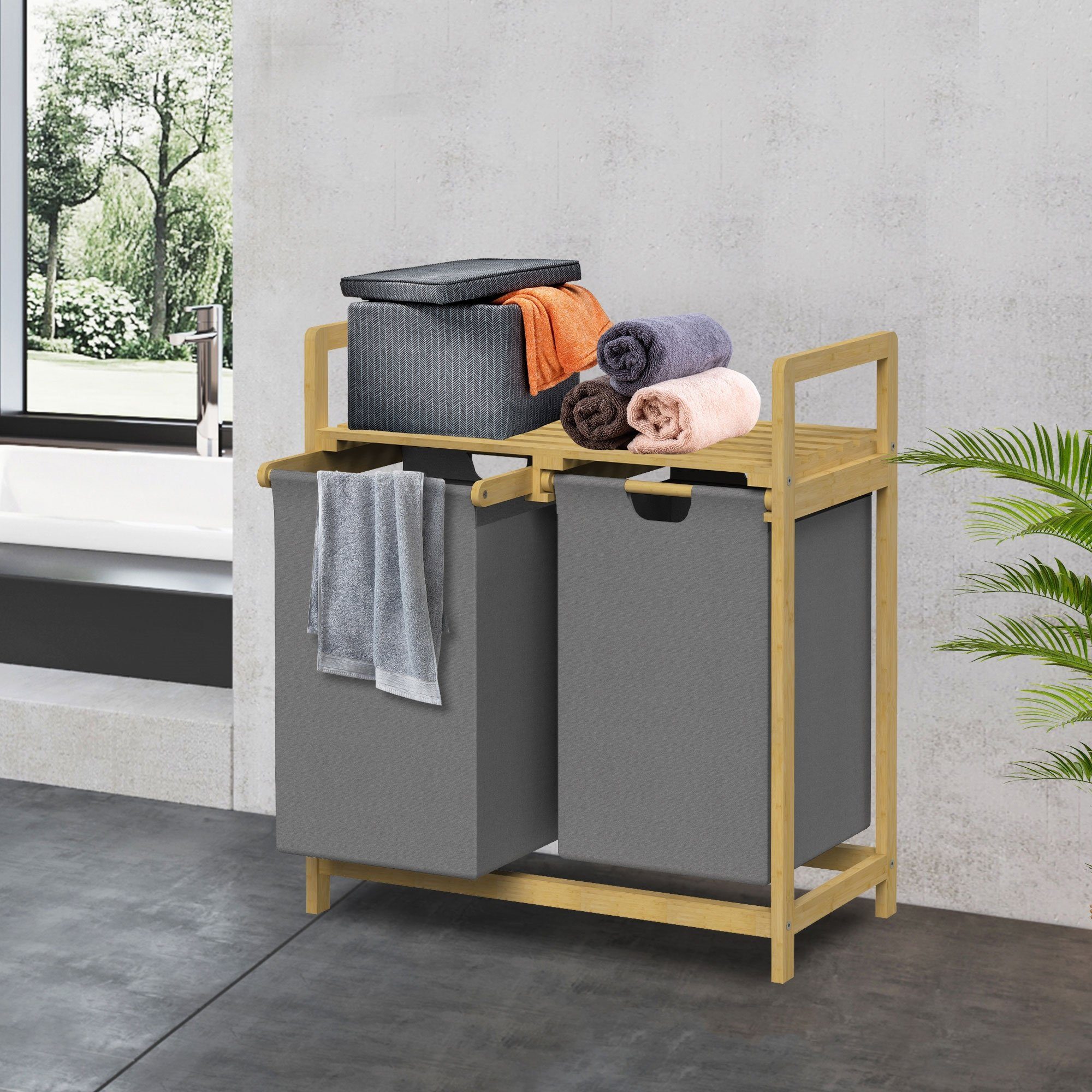 ML-DESIGN Wäschekorb Wäschebox mit 2 Fächern aus Bambus und Stoff für Badezimmer, Wäschesäcken 60L mit Stabiles Holzgestell Grau 73x63x33cm Wäschetruhe