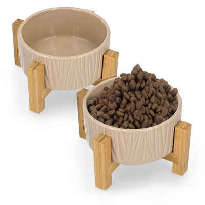 Navaris Tier-Beschäftigungsspielzeug 2x Futternapf mit Bambus Halter - 2er Set Keramiknapf für Katzen/Hunde, Bambus/Keramik