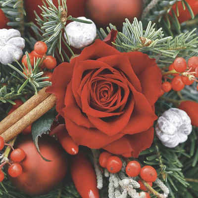 Linoows Papierserviette 20 Servietten Weihnachten, Rote Rosen Brunia und Zimtstangen, (Packung), Motiv Weihnachten, Rote Rosen Brunia und Zimtstangen