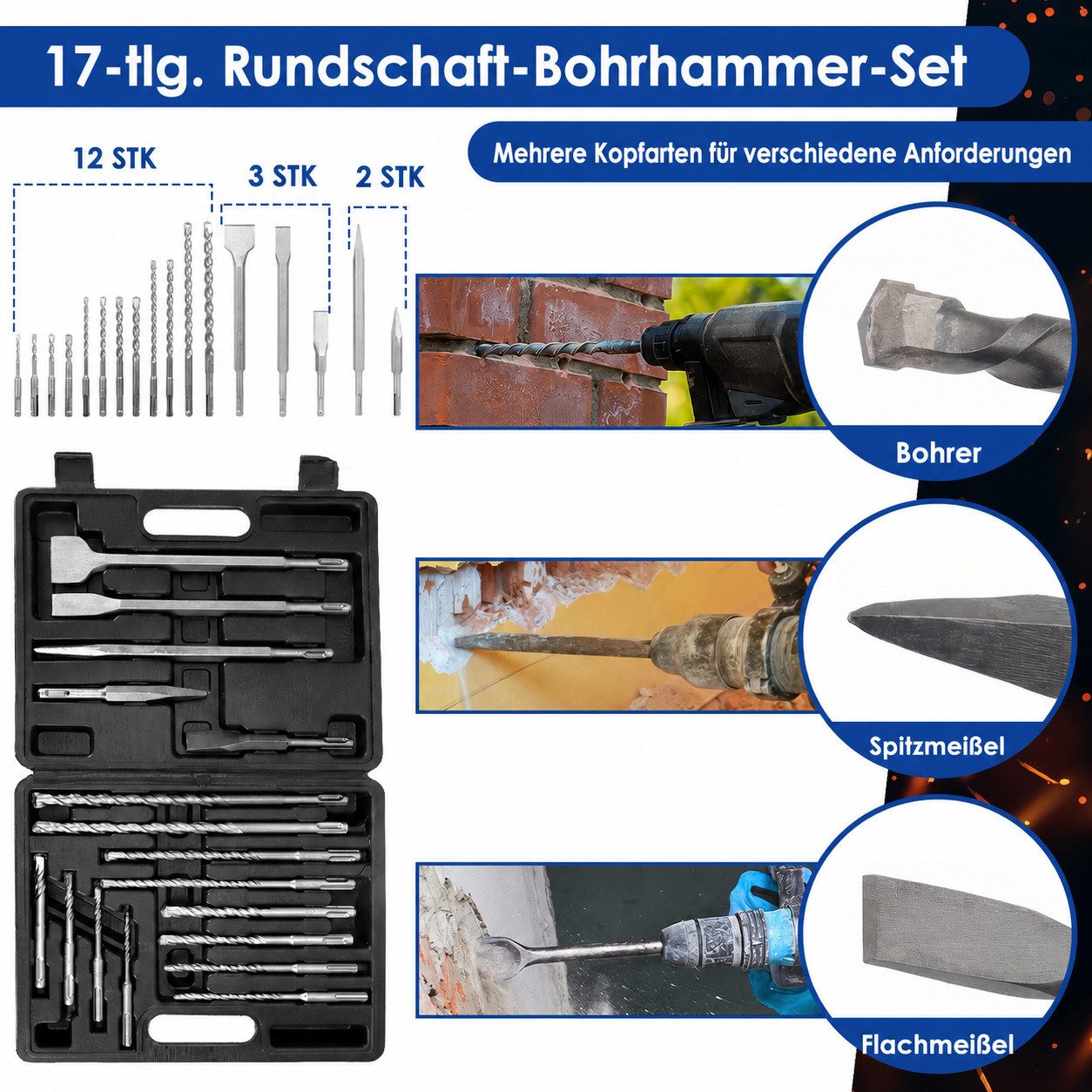 BlingBin Bohrer- und Meißelsatz 17tlg Bohrhammer SDS Plus Bohrer und Meißel Set ink, (SDS-Bohrer-Set – 17-teilig, 17-tlg., mit Bohren und Meißeln im Koffer, Ham – Bild 4 von 5